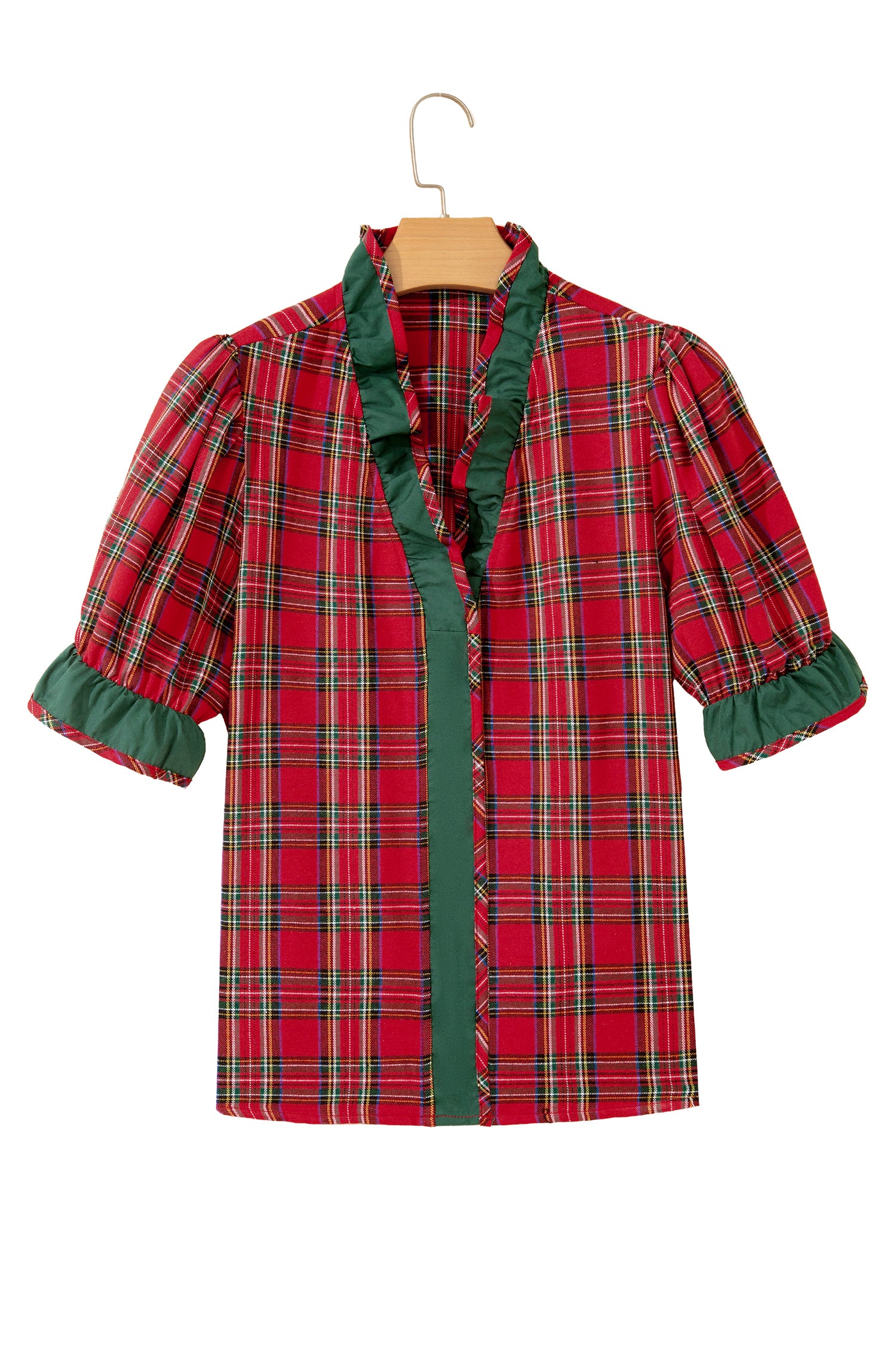 Red Plaid V Neck Ruffle Color Block Trim Short Sleeve Shirt