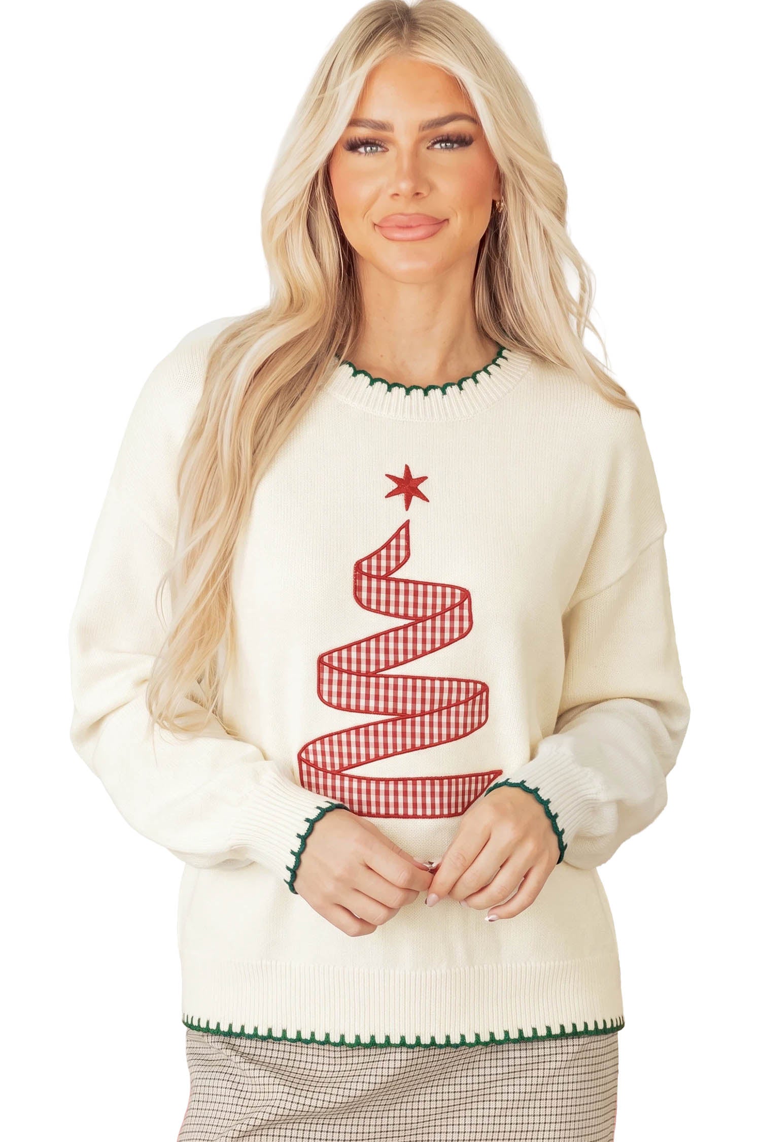 Beige Stitched Detail Christmas Tree Holiday Casual Sweater