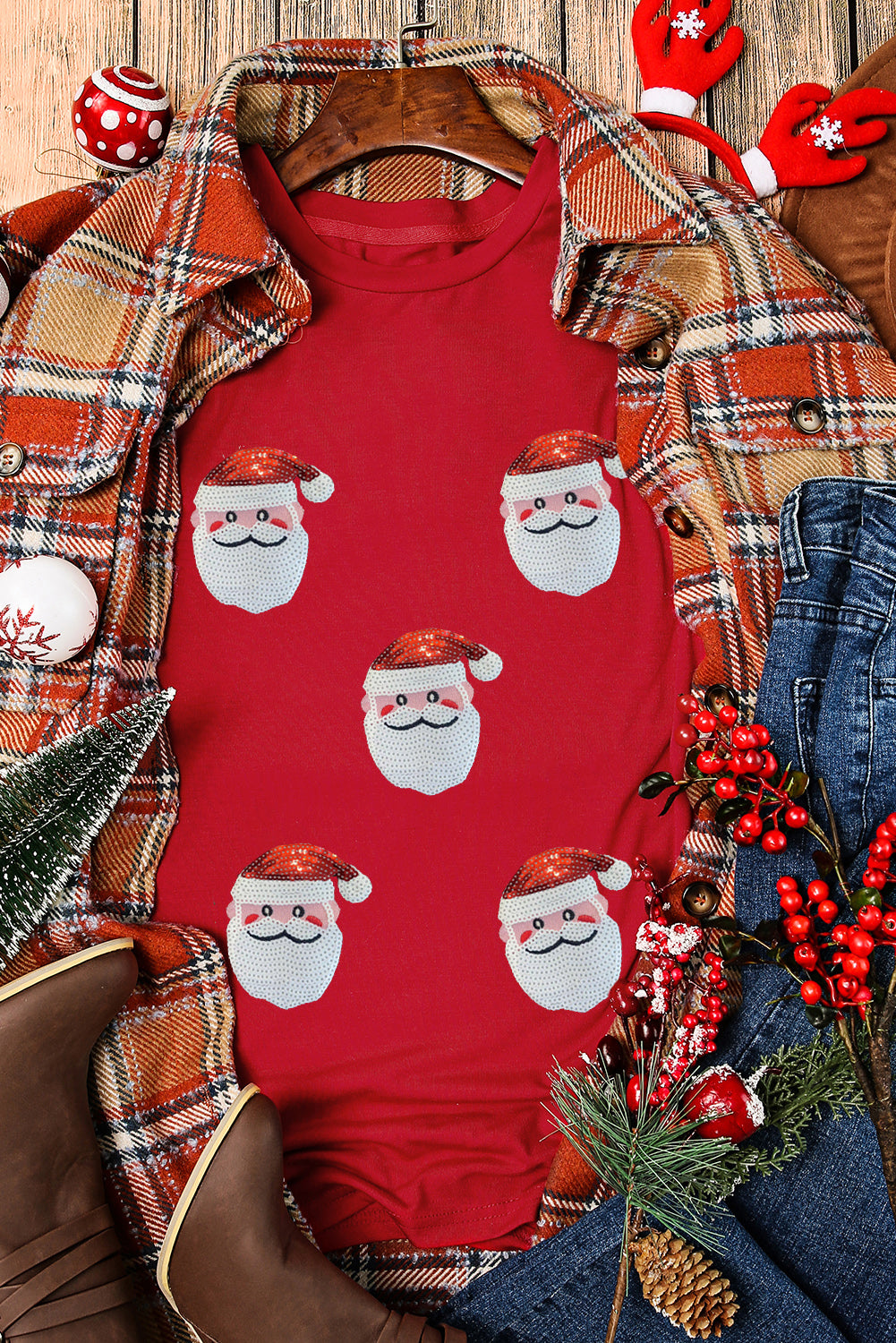 Red Faux Sequin Christmas Claus Pattern Crewneck T Shirt