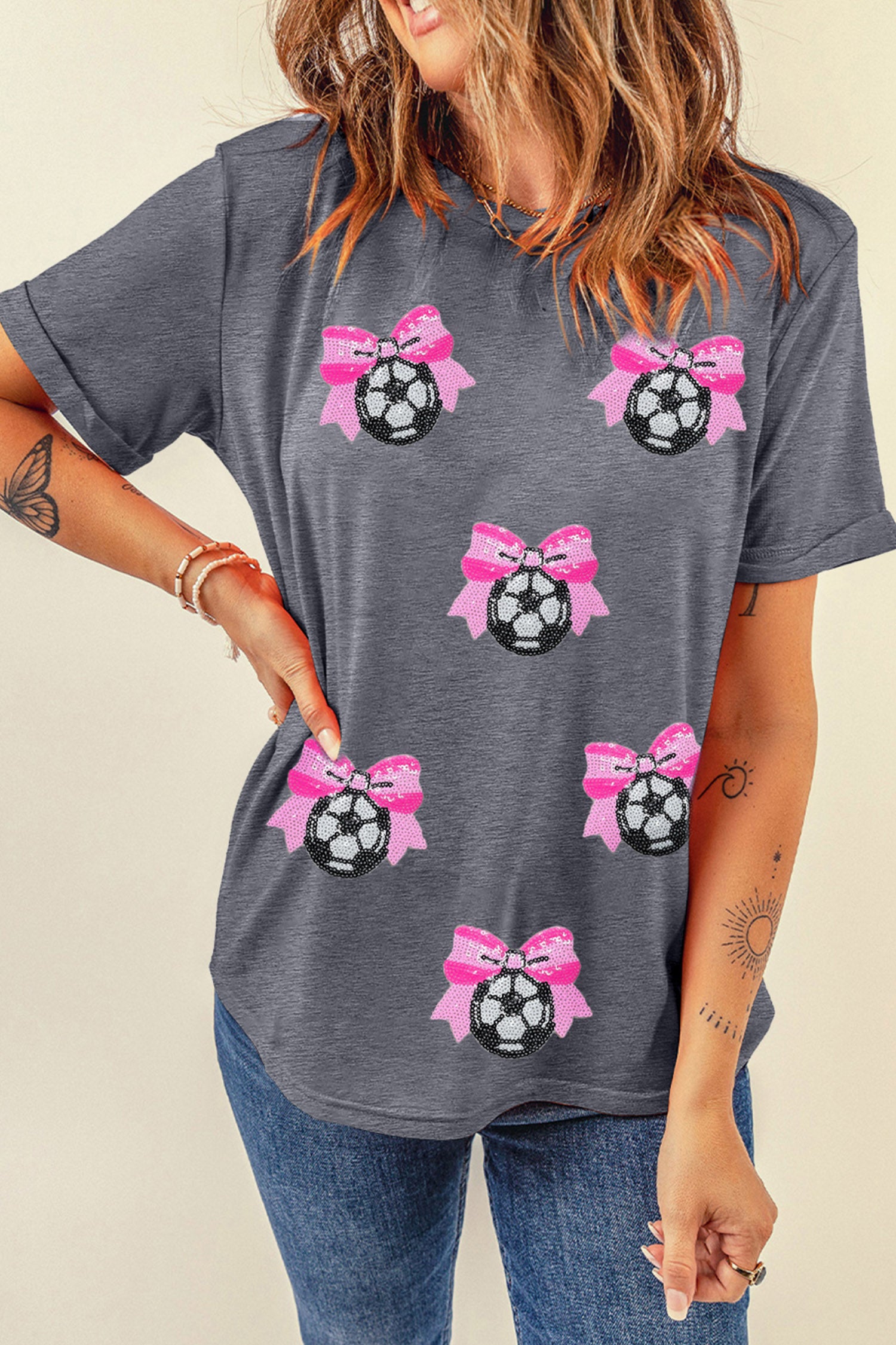 Gray Sequin Bow Soccer Ball Game Day T Shirt