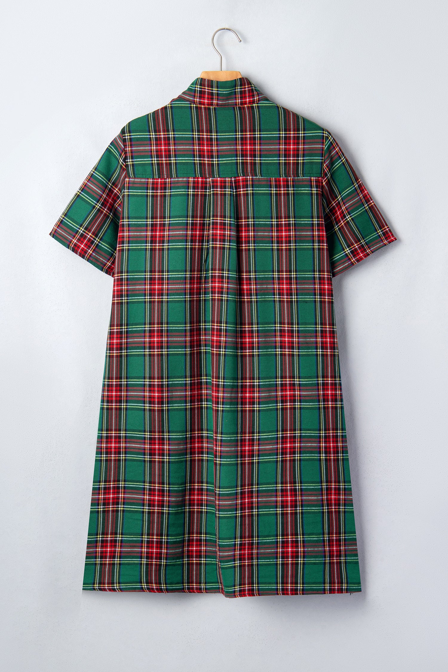 Green Plaid Button Front Short Sleeve Shift Dress