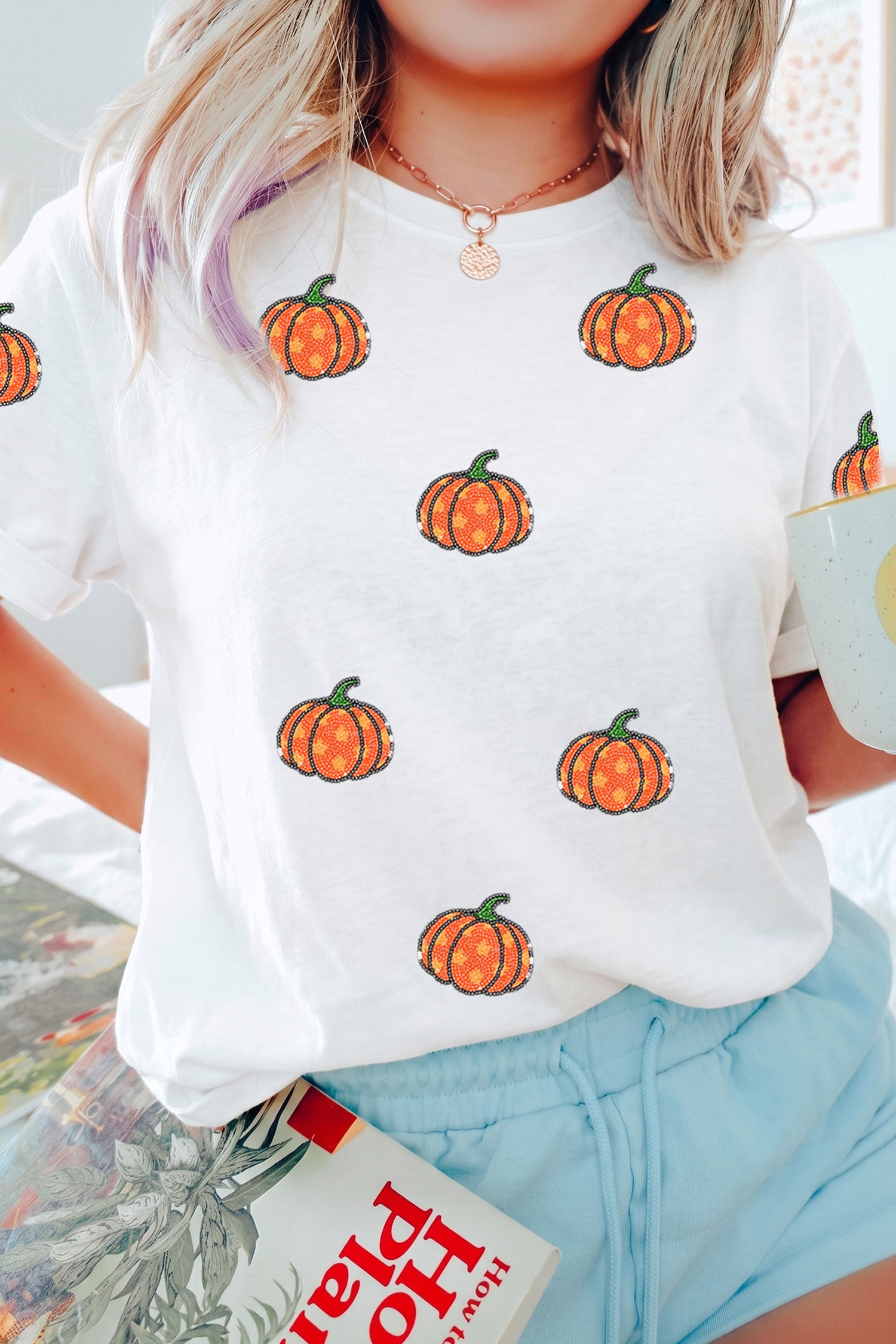 White Sequined Star Pumpkin Graphic Casual Round Neck T Shirt