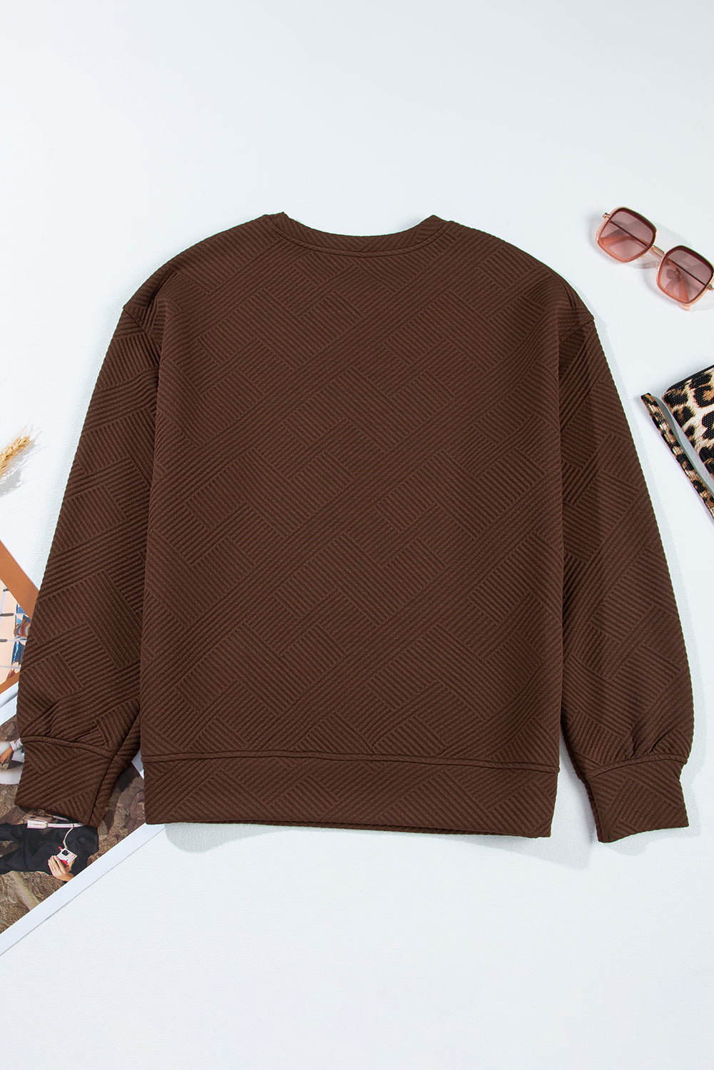 Coffee Solid Color Textured Round Neck Drop Shoulder Pullover Sweatshirt
