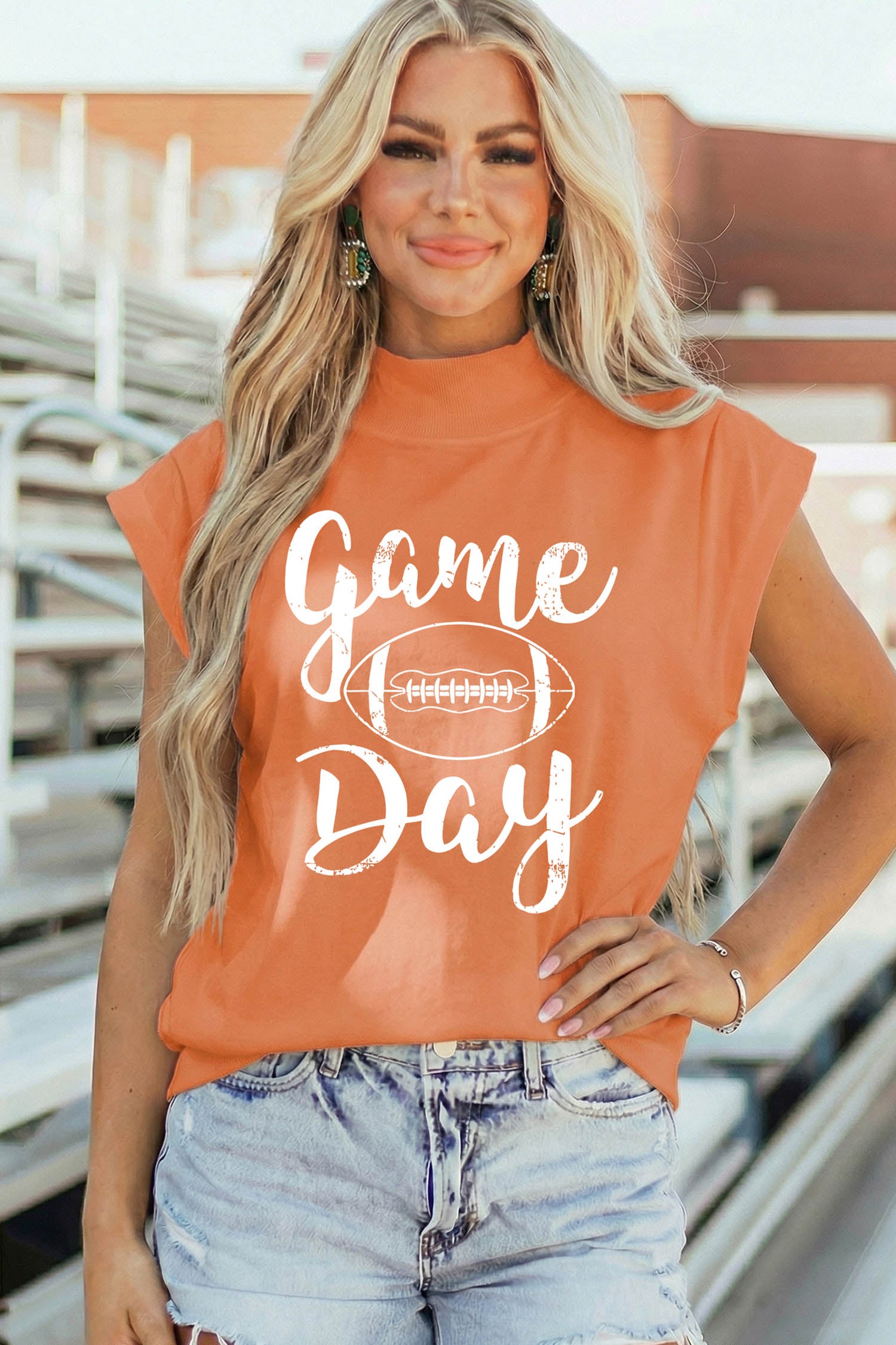 Orange Game Day Rugby Graphic High Neck Short Sleeve Tunic Top
