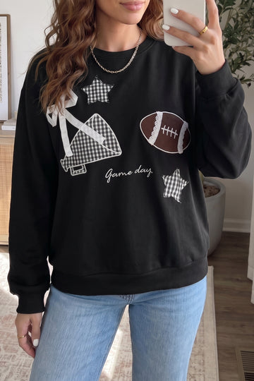 Black Gingham Patch Embroidered Rugby Game Day Stars Sweatshirt