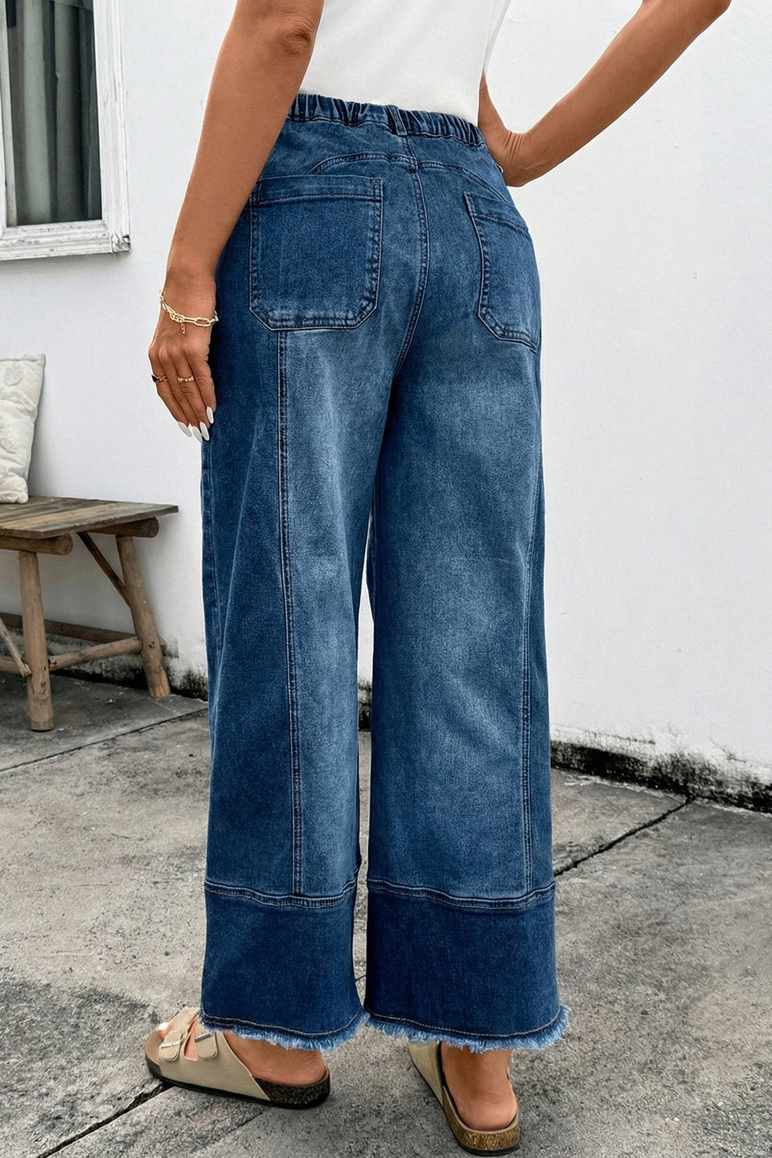 Prussian Blue Drawstring Seam Detail Raw Hem Wide Leg Denim Pants