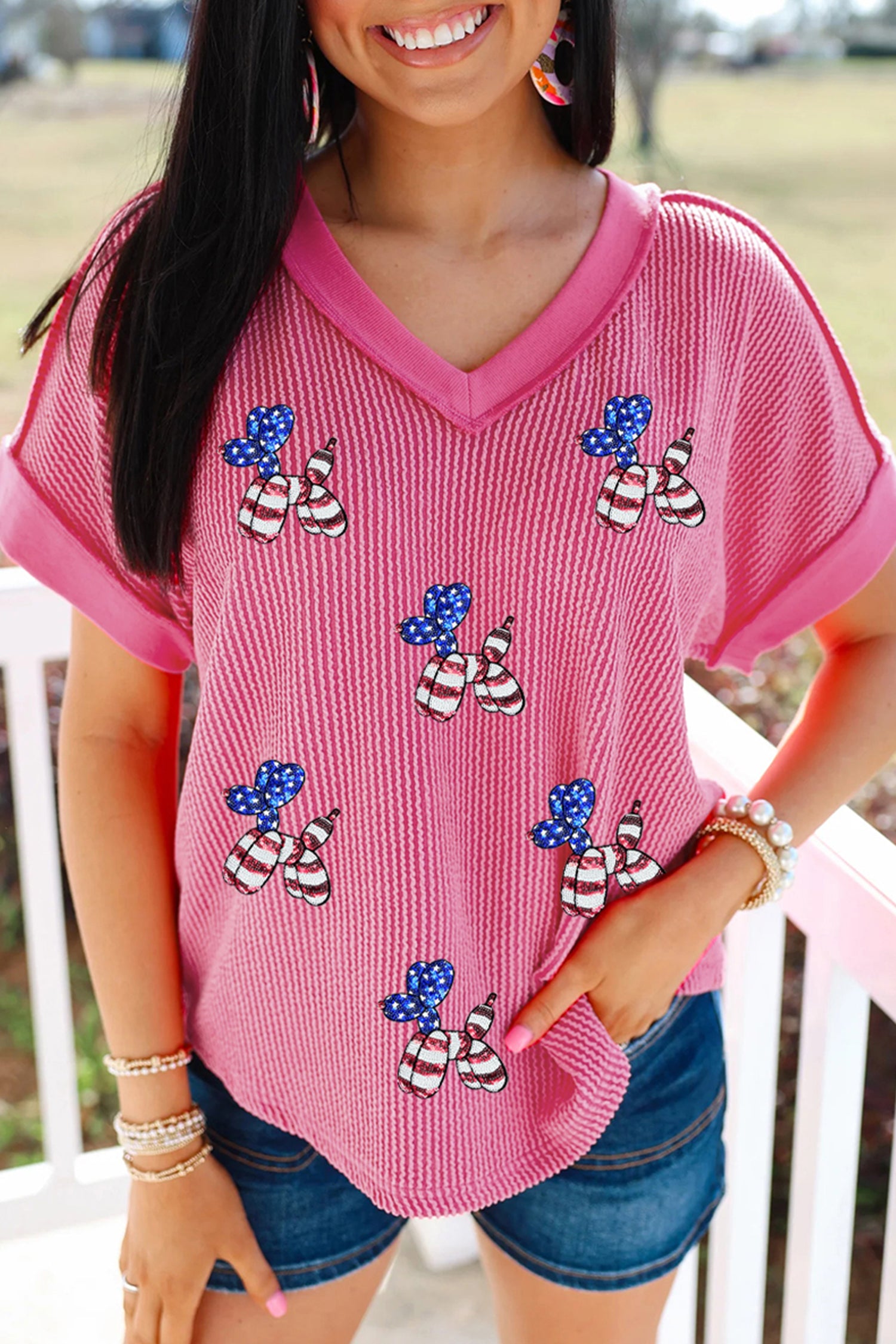 Rose Red Twisted Rib Sequin Patriotic Balloon Dog V Neck Tee