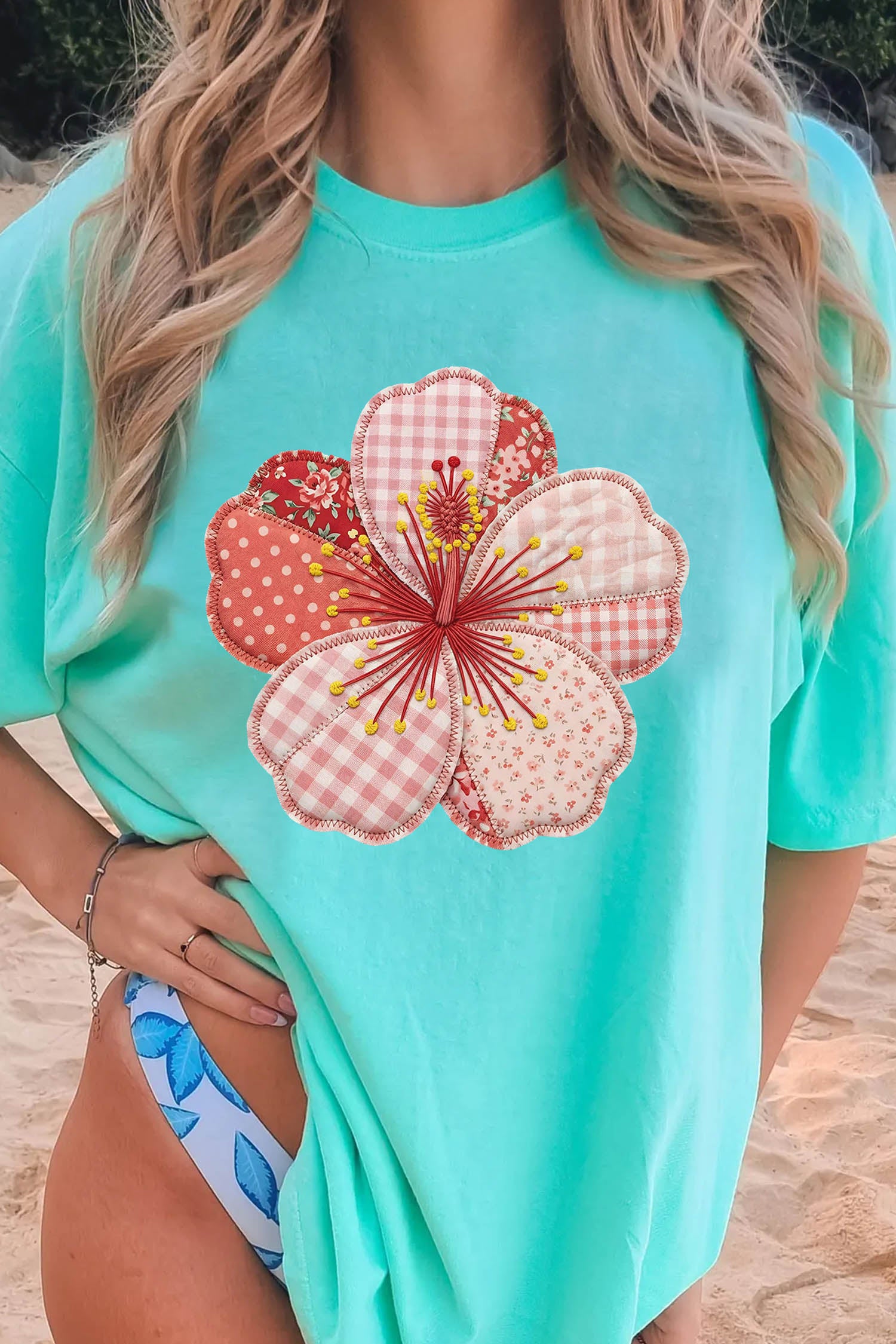 Mint Green Patchwork Floral Printed Beach Vacation Casual Tee