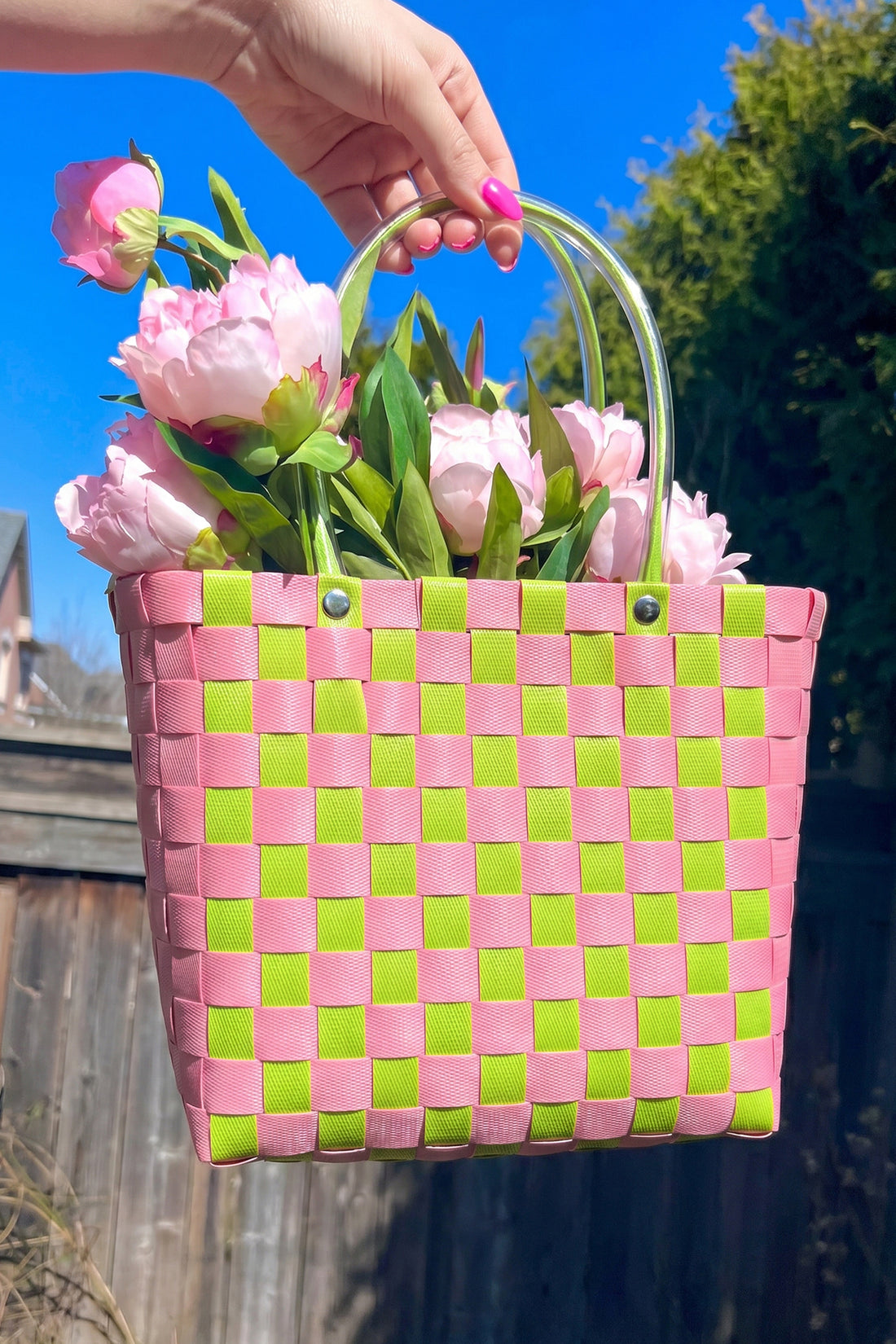 Bright Pink Checkered Straw Woven PU Handles Tote Bag