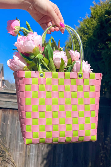 Bright Pink Checkered Straw Woven PU Handles Tote Bag