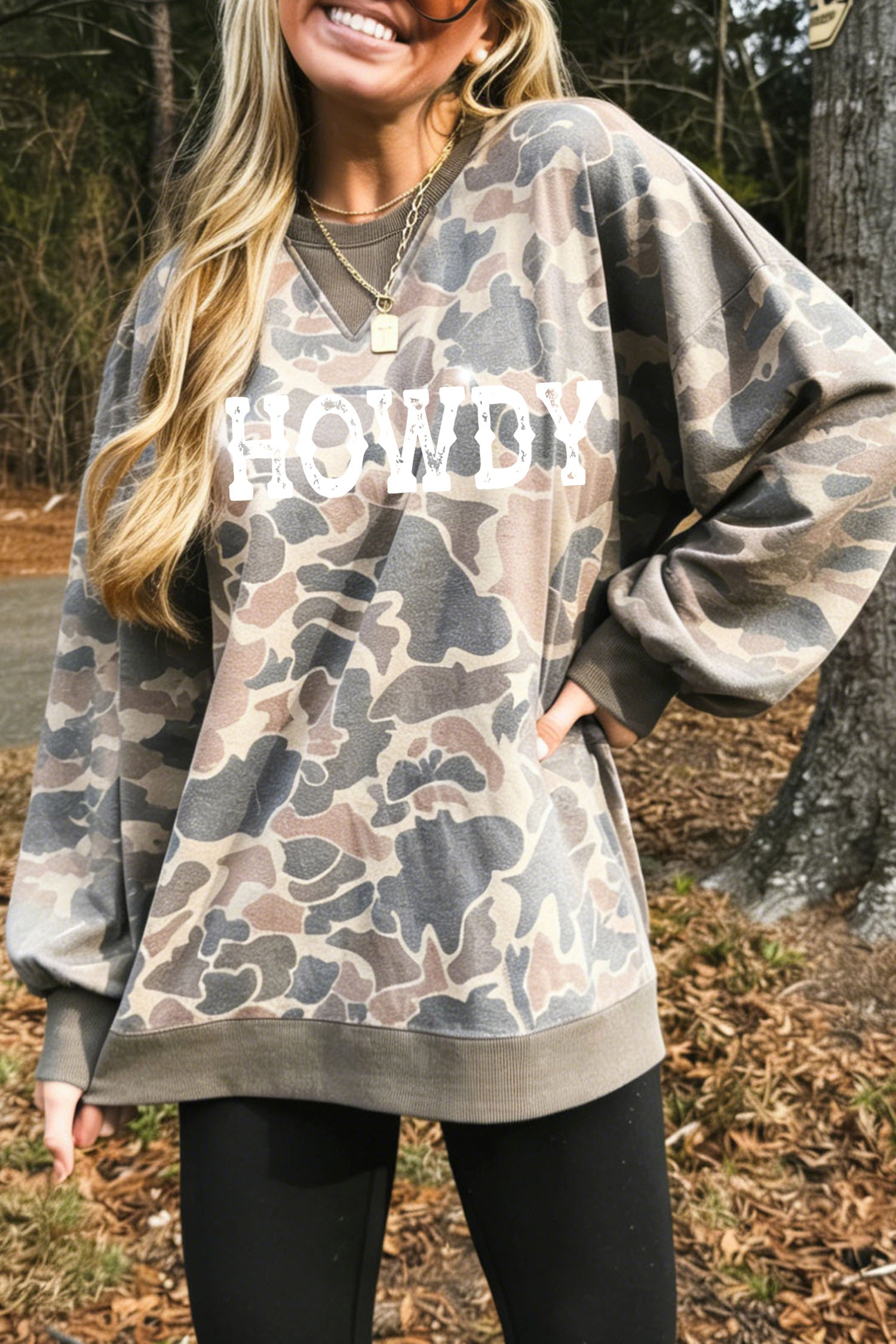 Multicolour HOWDY Graphic Camo Print Tunic Sweatshirt