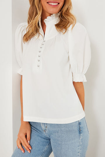 White Frilled Edge Half Button Stand Neck Bubble Sleeve Blouse