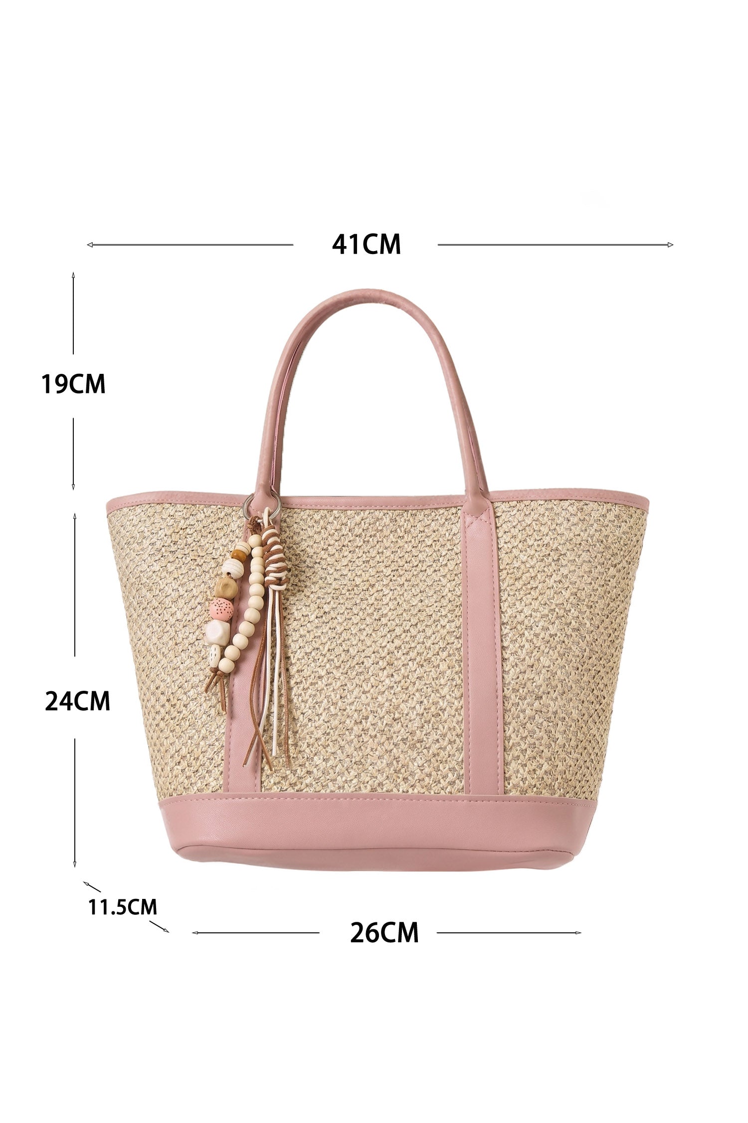 Pink Straw Woven Crochet Contrast Leather Trim Boho Tote Bag
