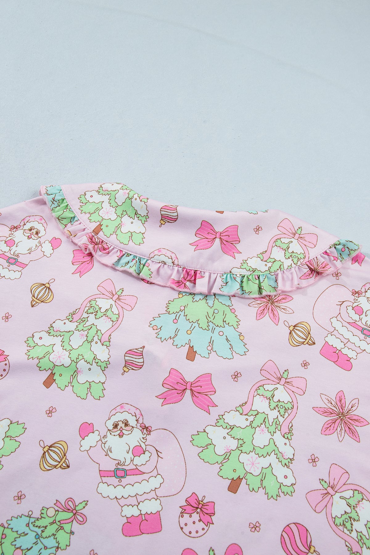 Pink Christmas Print Button Front Long Sleeve Lounge Set