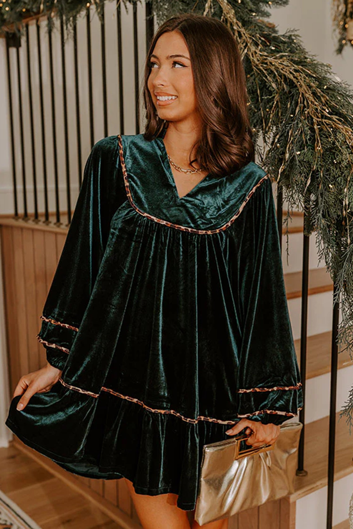Blackish Green Leopard Trim Velvet Long Sleeve Shift Dress