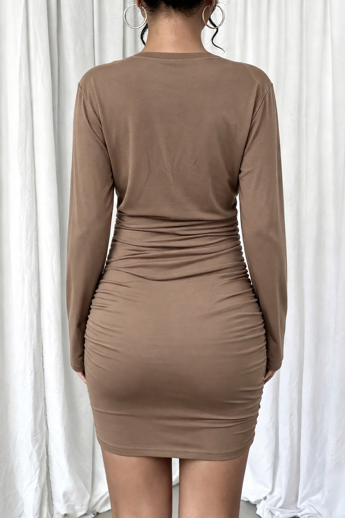 Dark Khaki Elegant Ruched Knot Long Sleeve Mini Dress