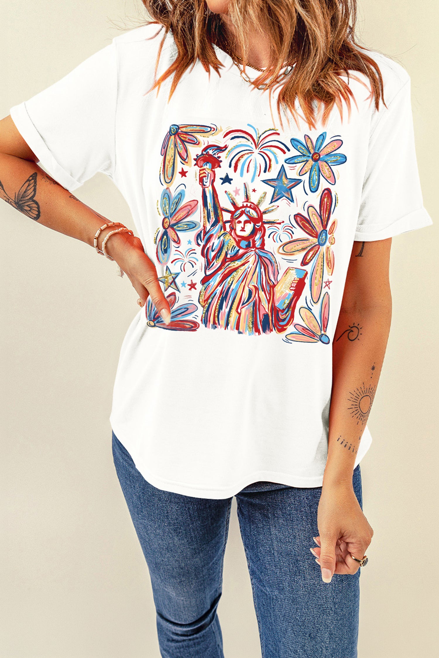 White Patriotic Statue of Liberty Fireworks Printed T Shirt