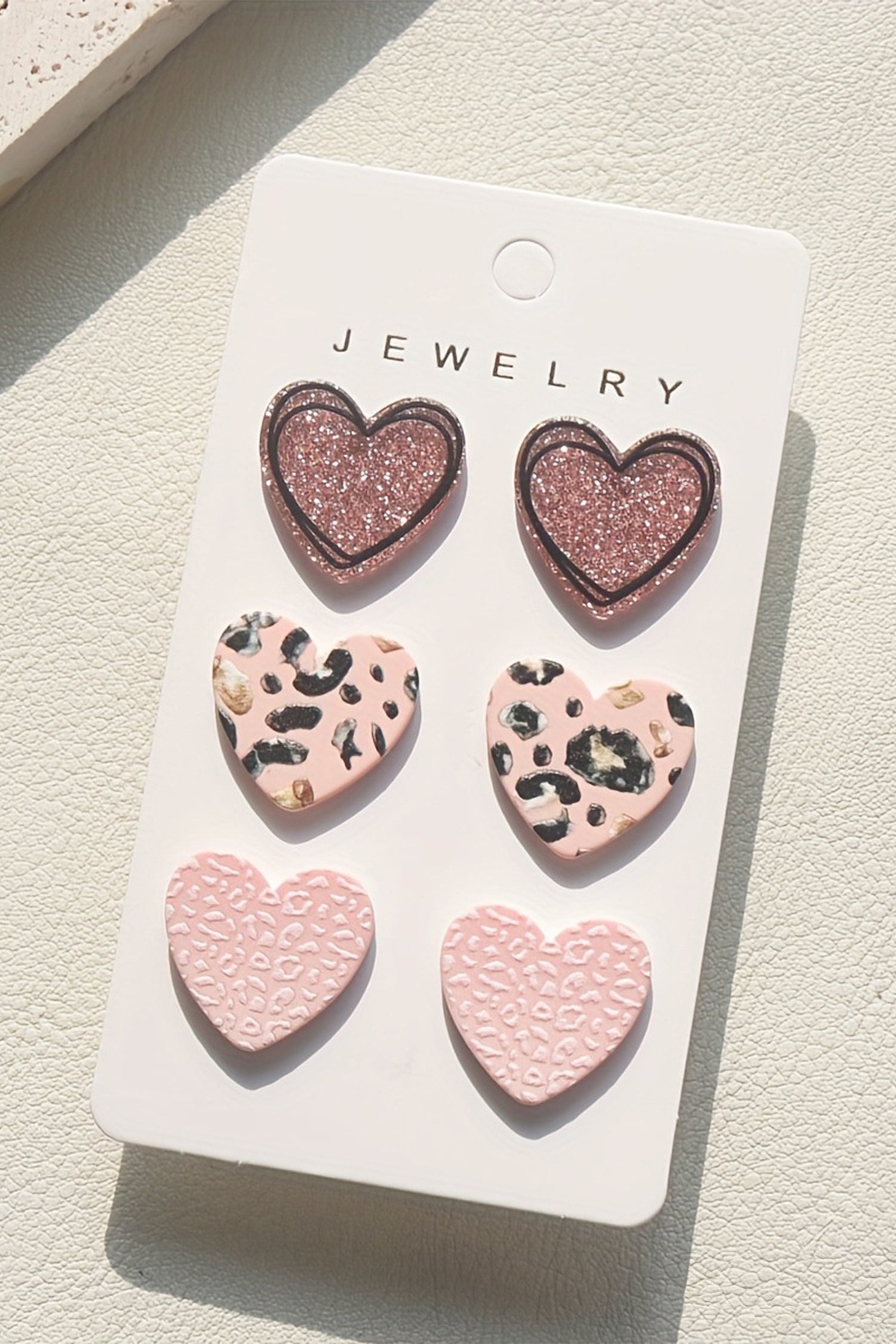 Light Pink Glitter Leopard Heart 3 Pairs Studded Earrings Set