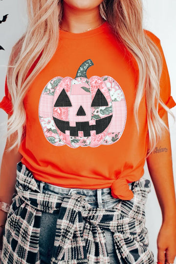Orange Patchwork Pumpkin Graphic Short Sleeve Round Neck Tee