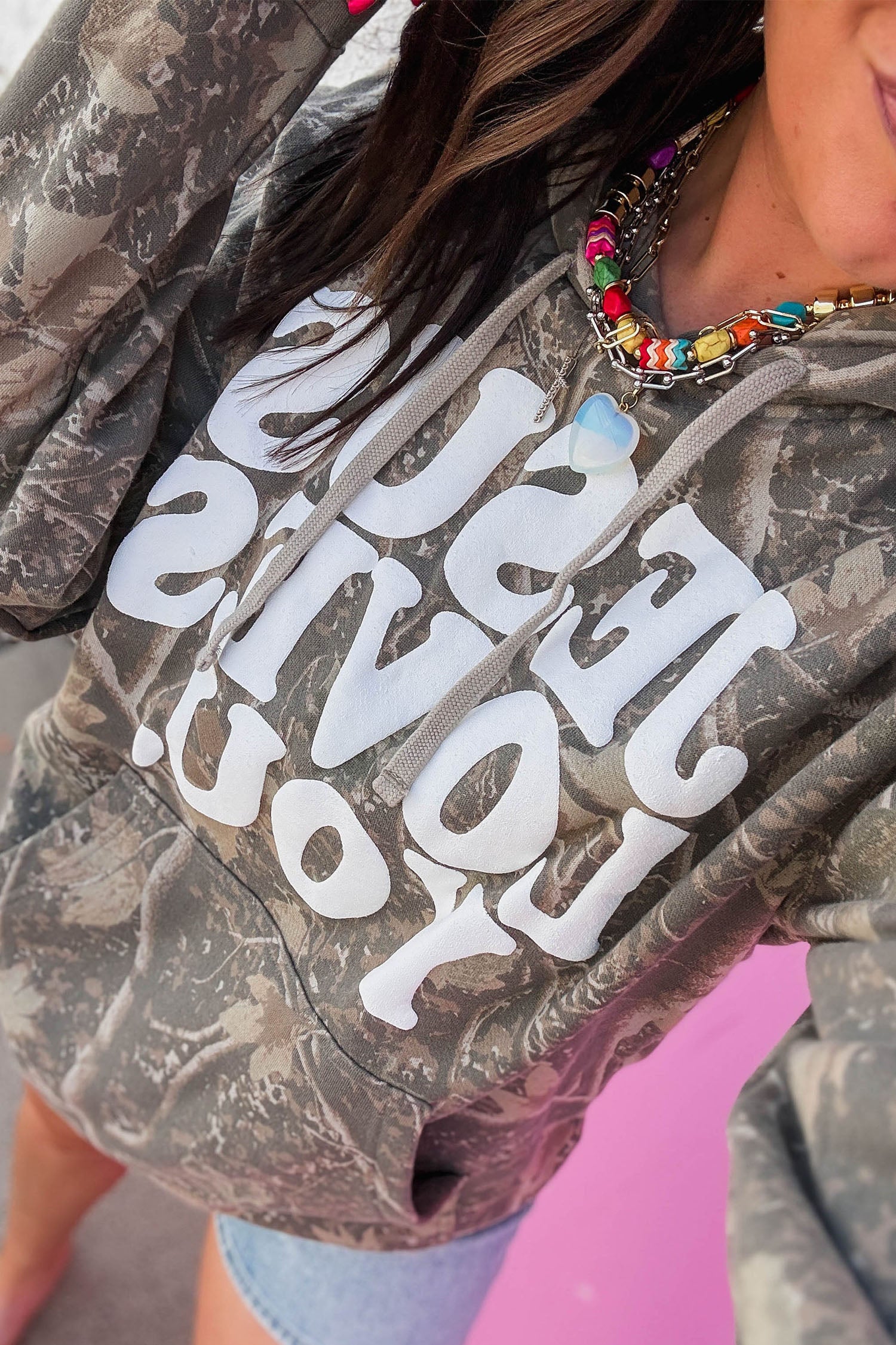 Brown Retro Camouflage Jesus Loves You Print Relaxed Hoodie