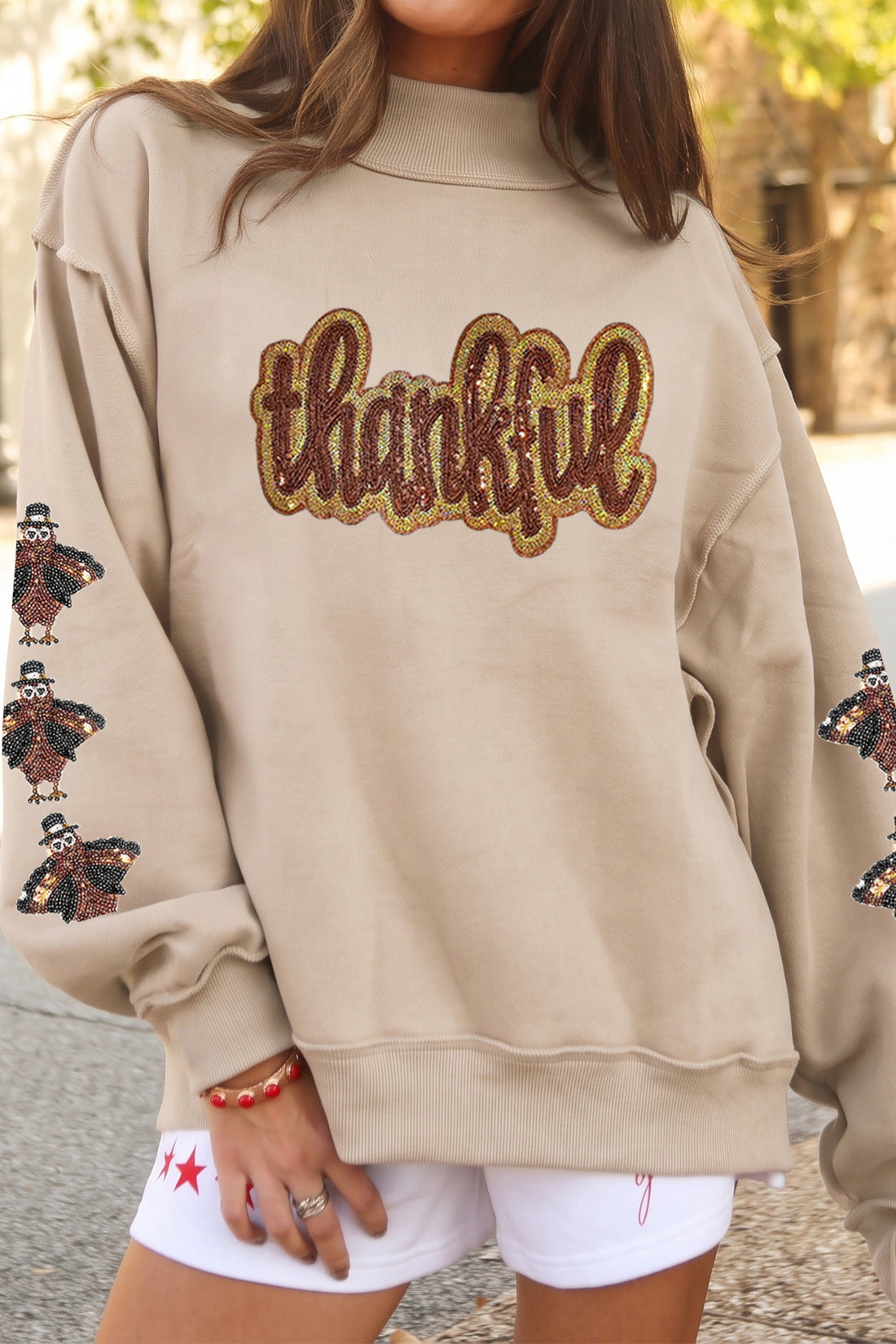 Apricot Sequin Thankful Graphic Exposed Seam Mock Neck Turkey Sleeve Pullover Sweatshirt