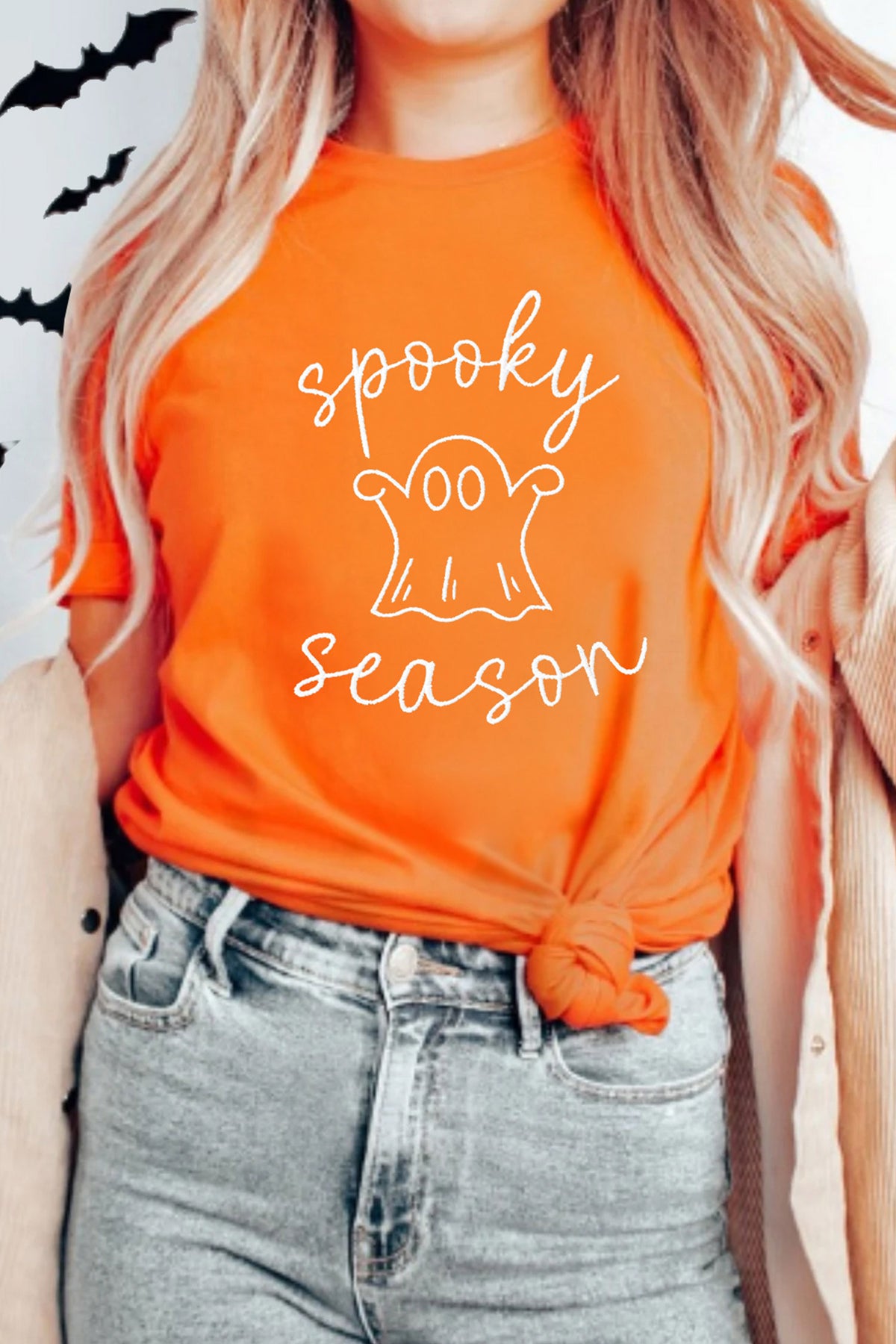 Orange Spooky Season Halloween Ghost Embroidered Graphic Tee