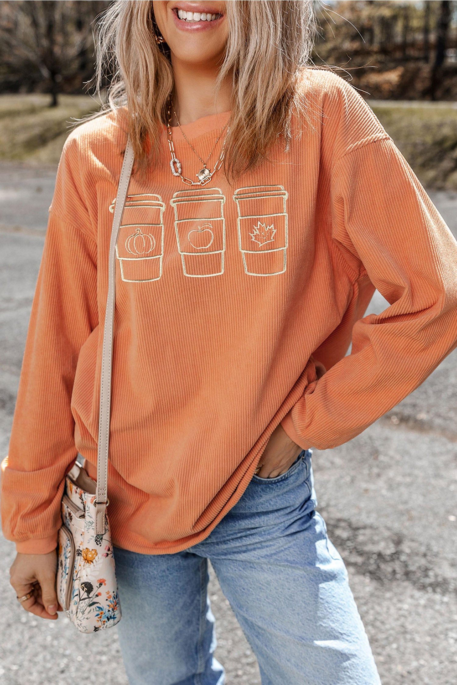Orange Ribbed Texture Embroidered Fall Drinks Graphic Sweatshirt