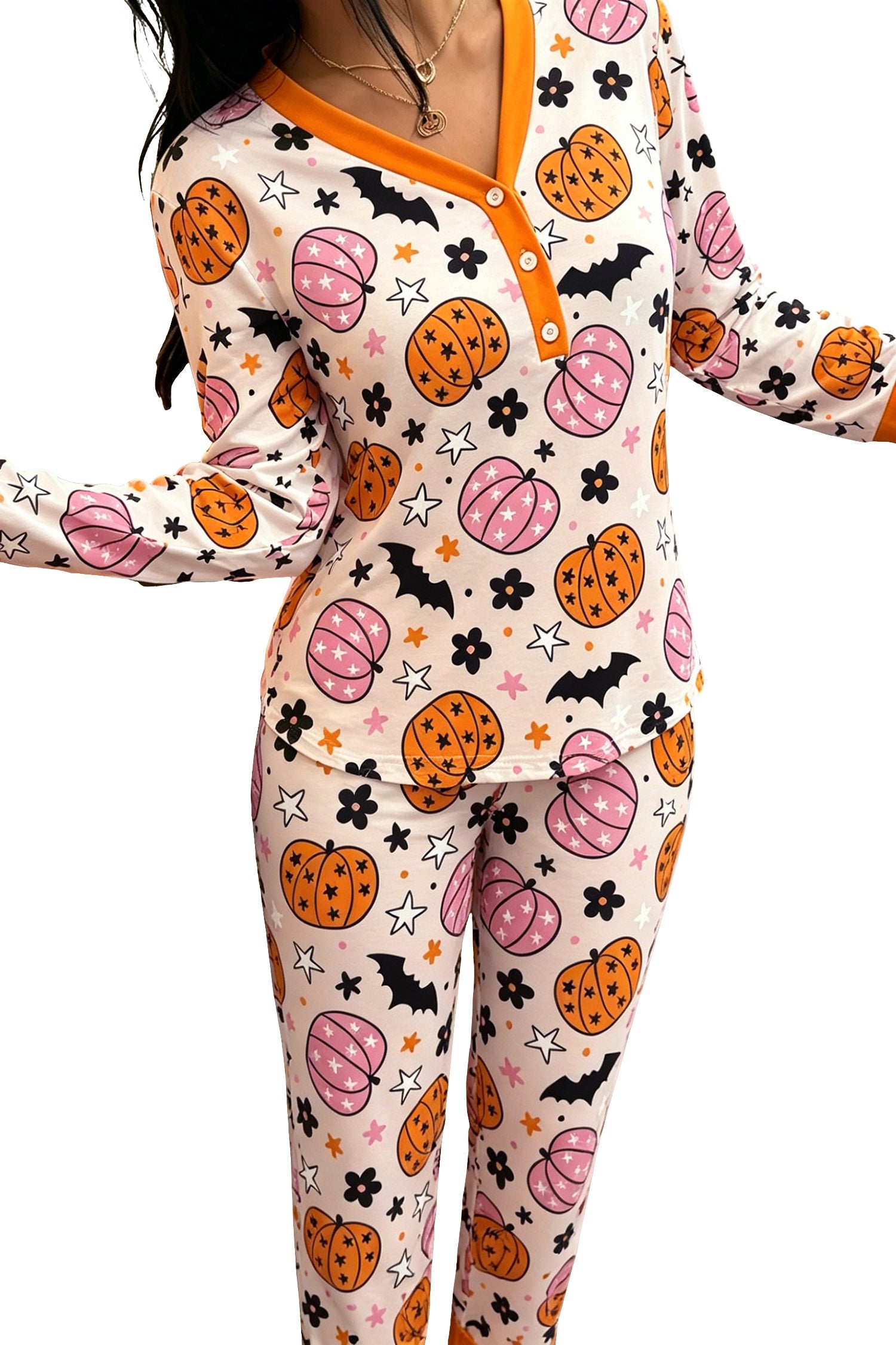 Pink Halloween Pumpkin Print Long Sleeve Home Wear Lounge Set