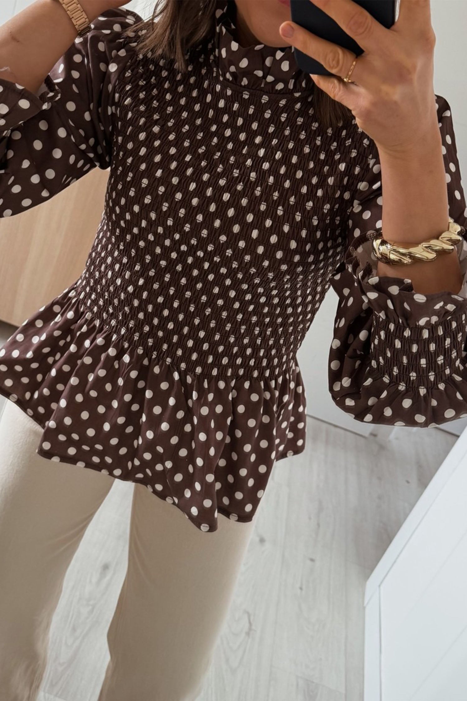 Brown Polka Dot Ruffled High Neck Shirred Ruffle Hem Blouse
