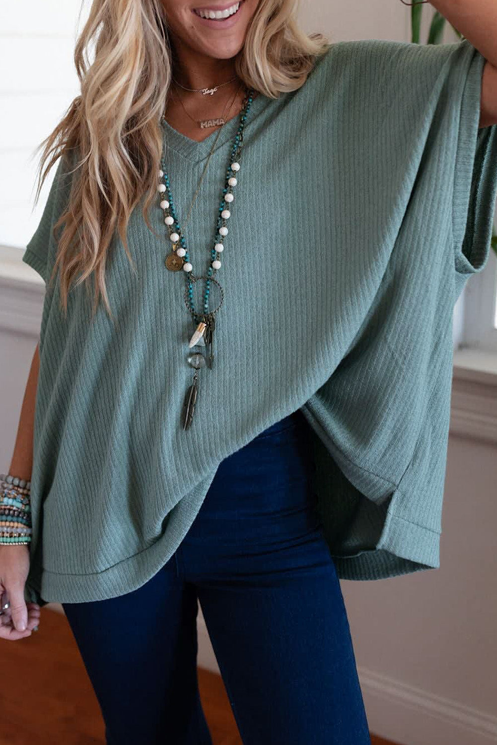 Moonlight Jade Oversized Ribbed Knit V Neck Dolman Short Sleeve Top