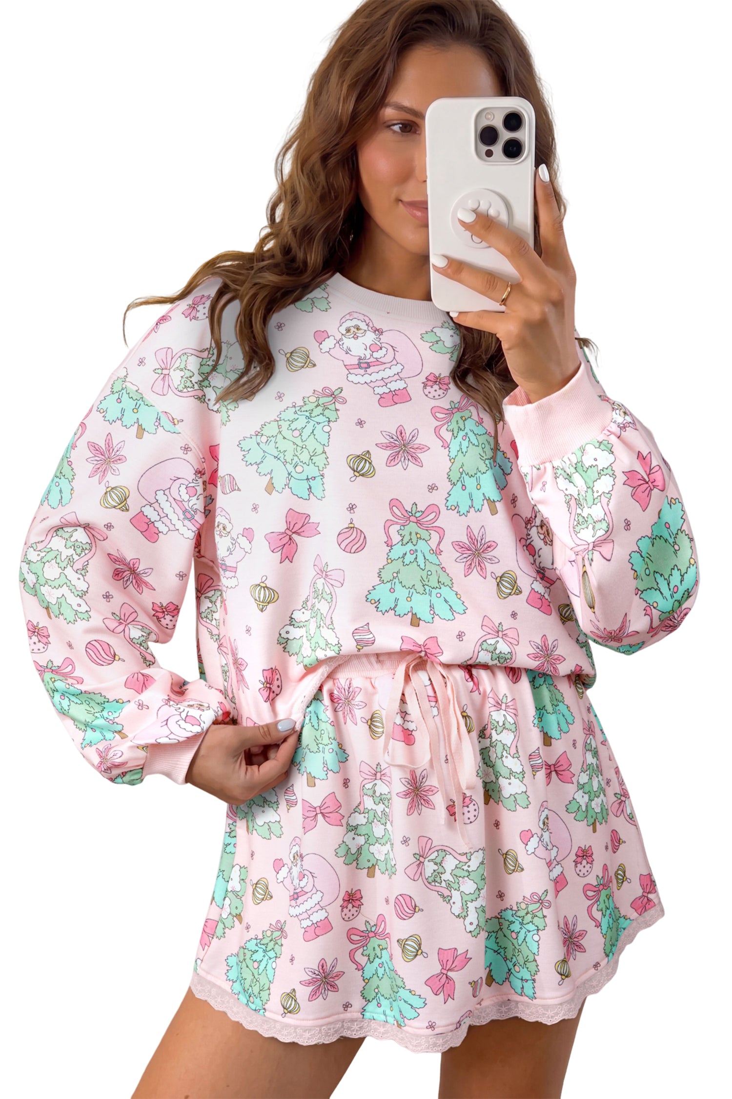 Pink Floral Print Lace Trim Long Sleeve Skirt Set