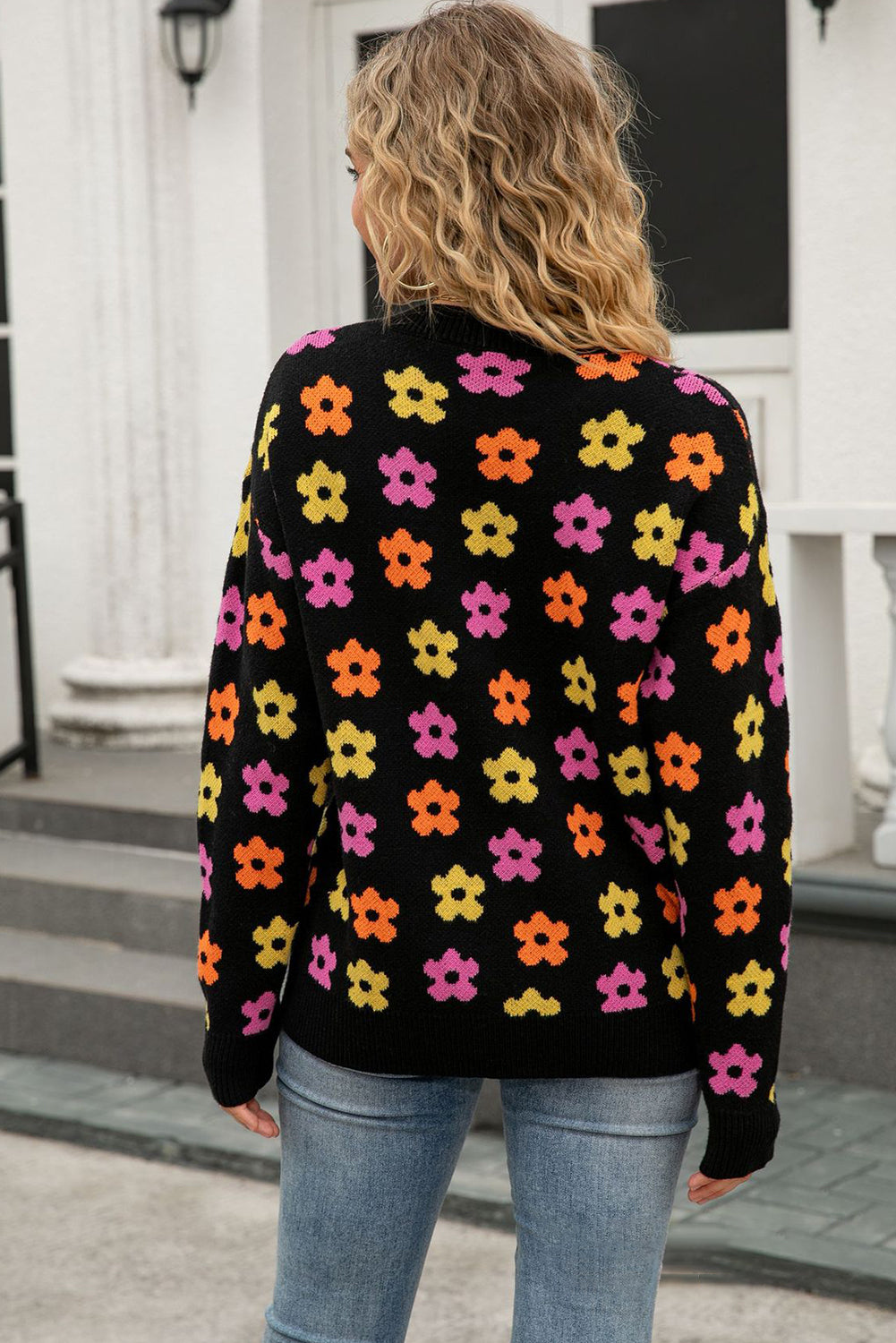 Black Cute Flower Allover Ribbed Trimmed Drop Shoulder Pullover Sweater