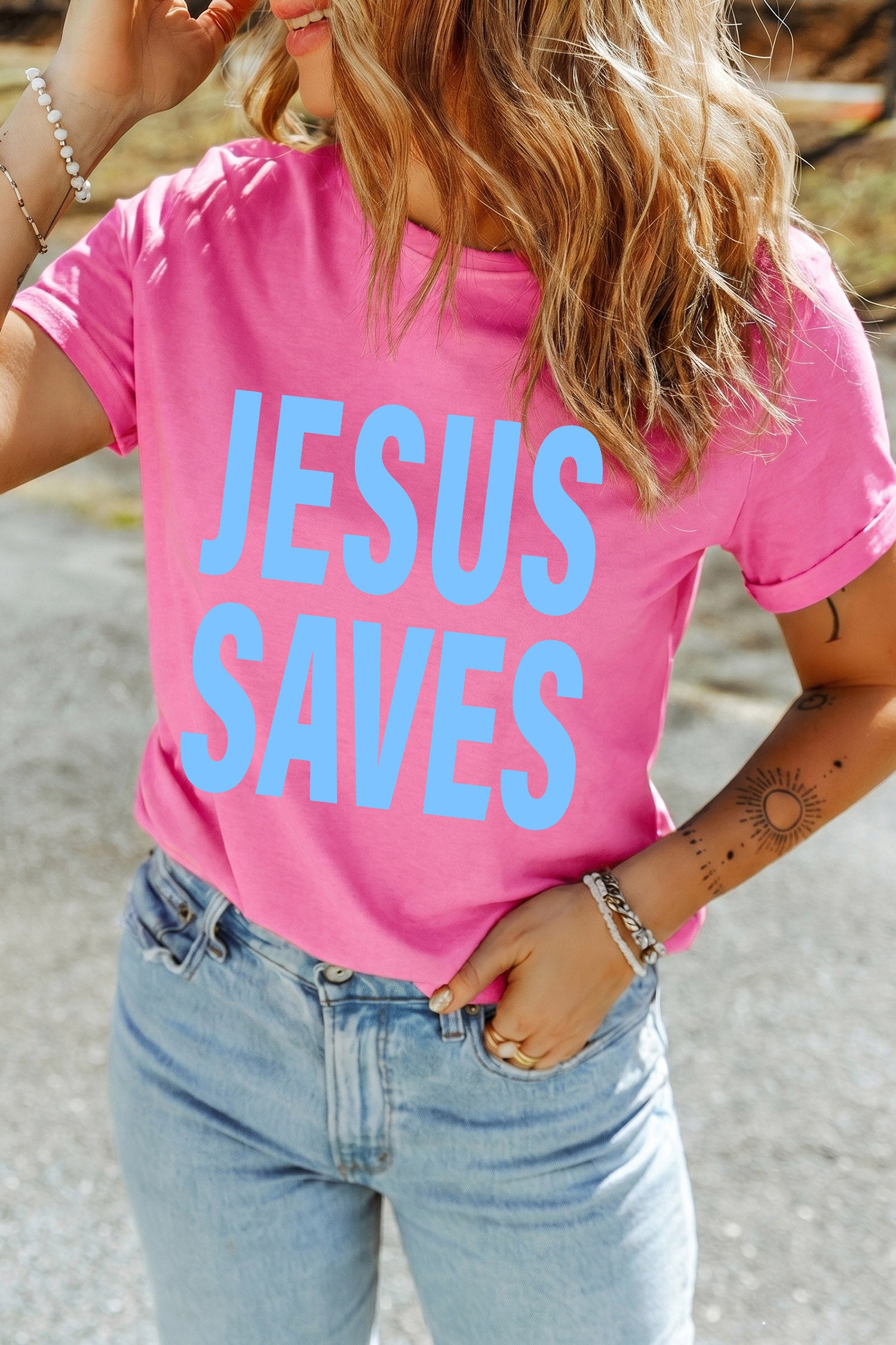Sachet Pink JESUS SAVES Heat Transferring Print Graphic T Shirt