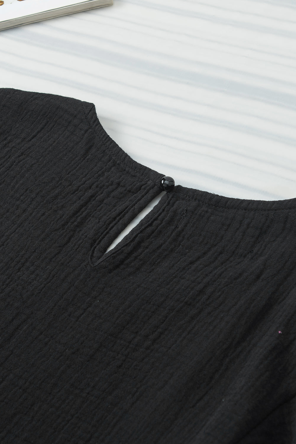 Black Crinkled Cotton Gauze Ruffle Sleeve Blouse