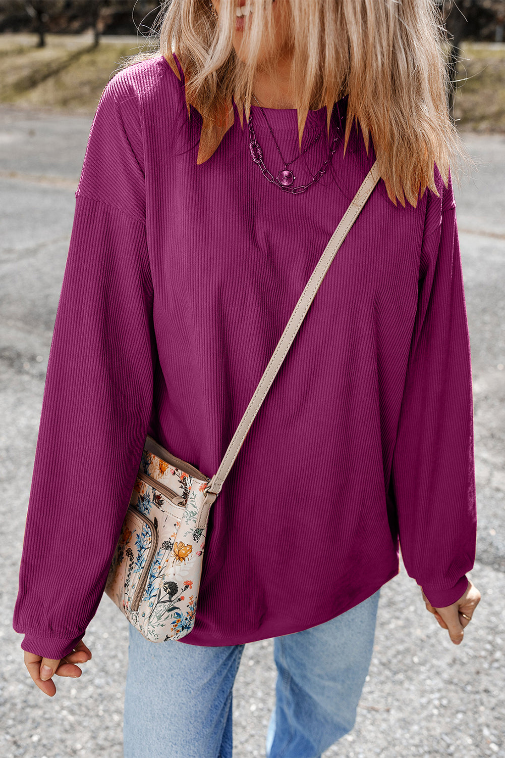 Festival Fuchsia Ribbed Corded Oversized Sweatshirt