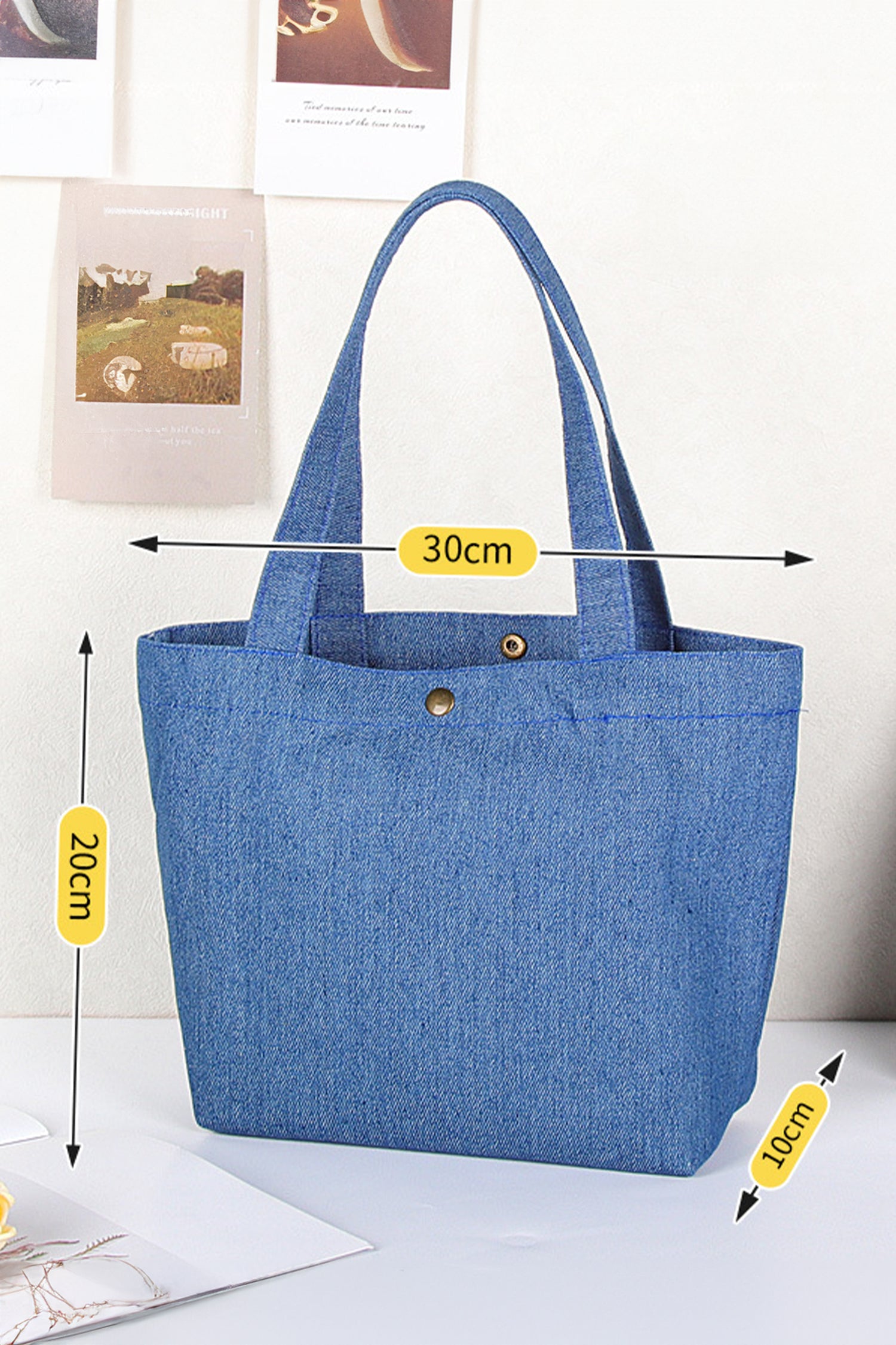 Sky Blue Vintage Denim Snap Button Tote Bag