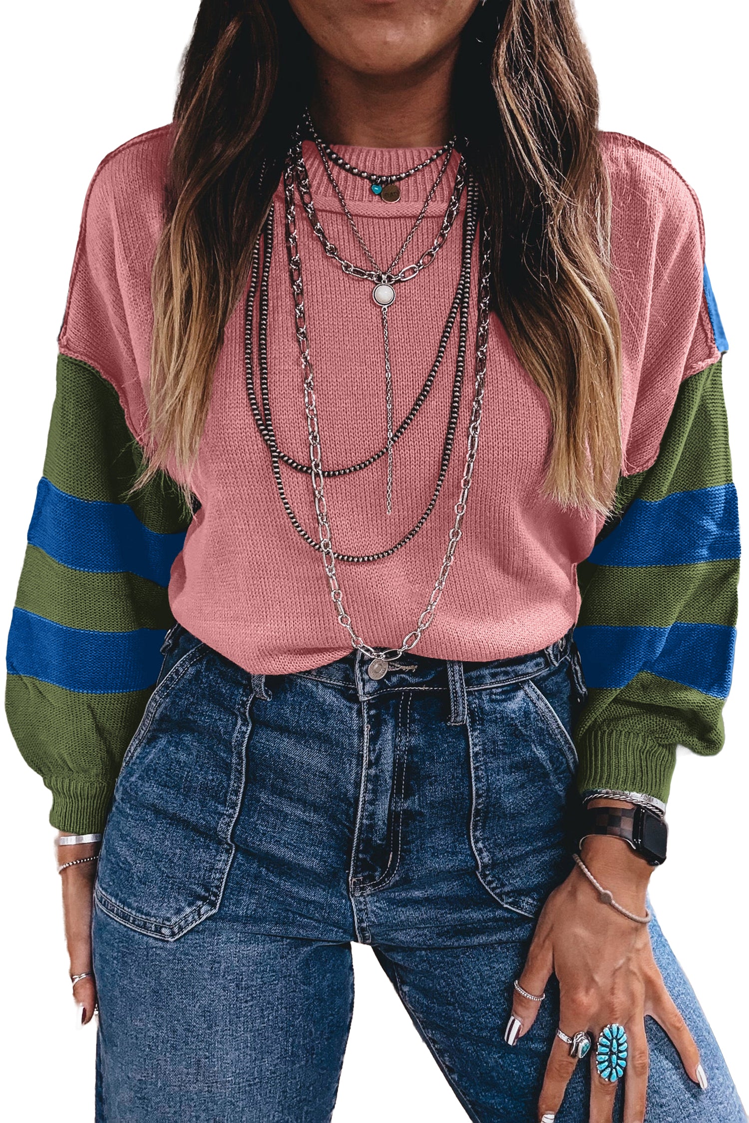 Multicolour Western Colorblock Patchwork Striped Long Sleeve Pullover Sweater