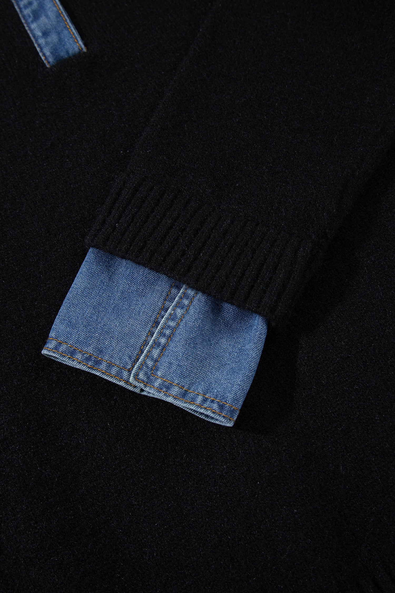 Black Denim Patchwork Collar Cuffed Casual Sweater