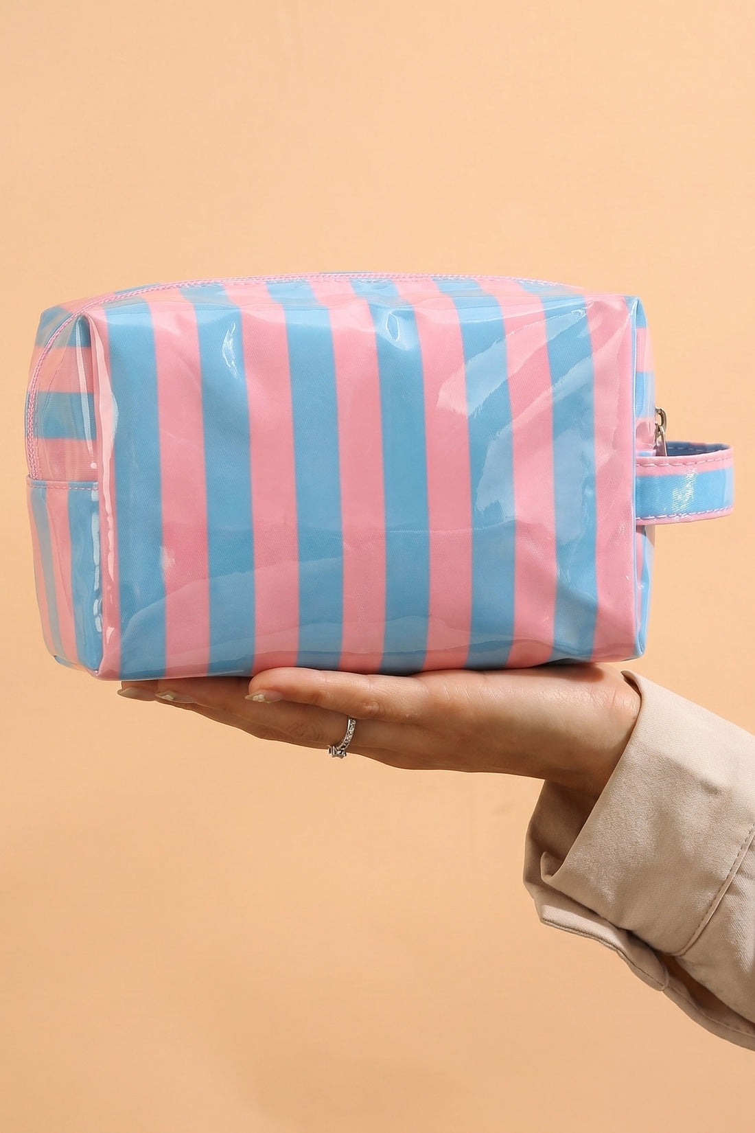 Dusk Blue PVC Striped Cosmetic Bag Durable Zipper Handle Travel Organizer