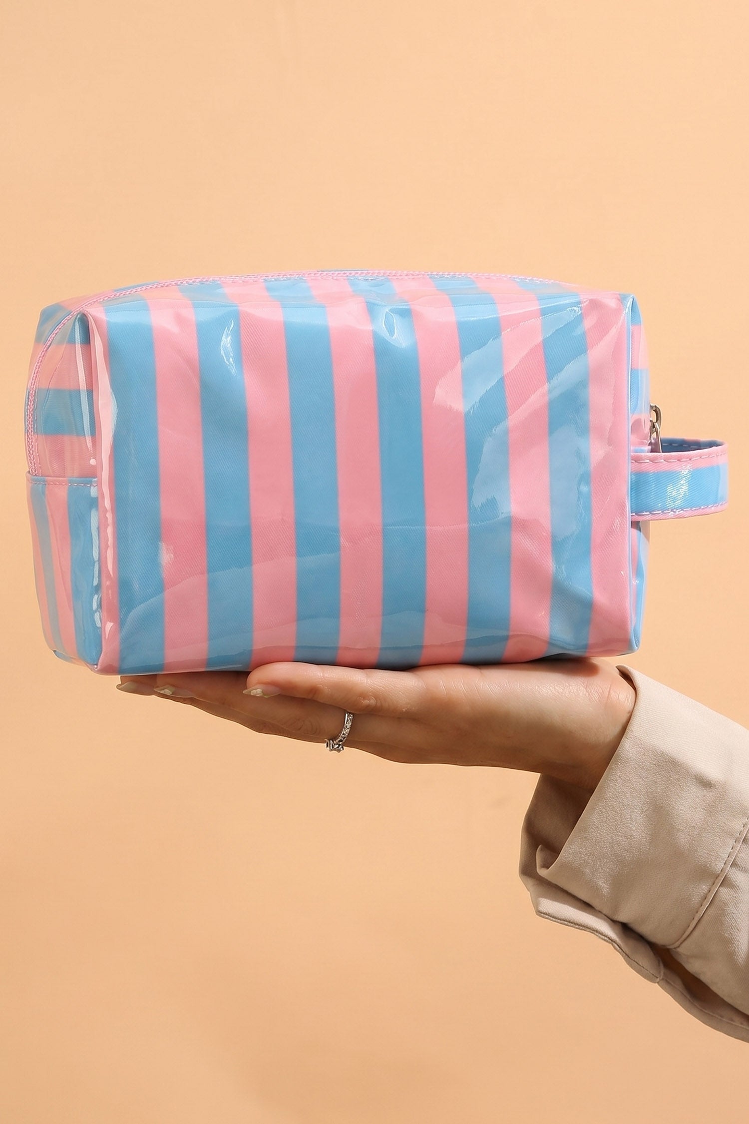 Dusk Blue PVC Striped Cosmetic Bag Durable Zipper Handle Travel Organizer