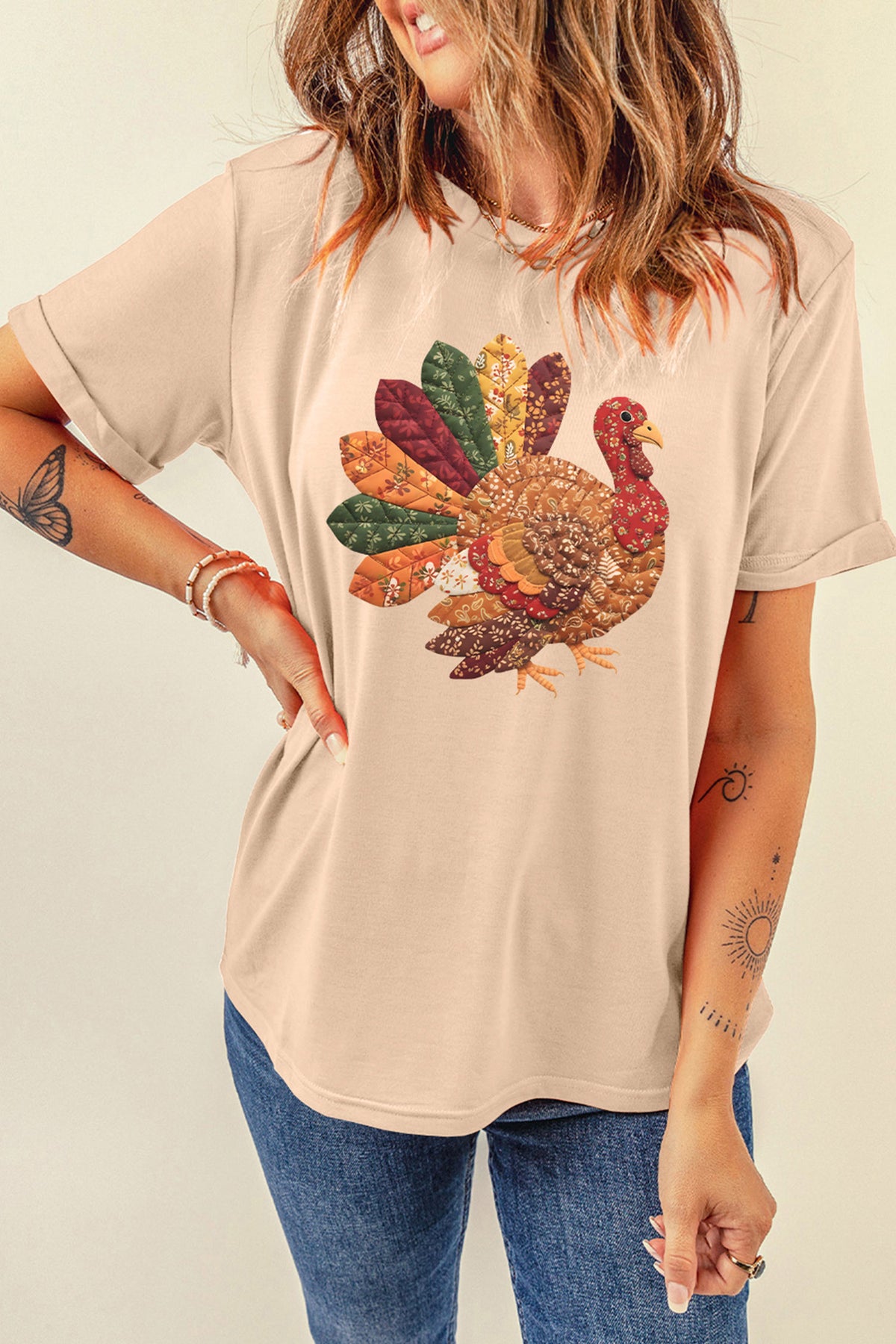 Khaki Thanksgiving Turkey Graphic Casual T Shirt