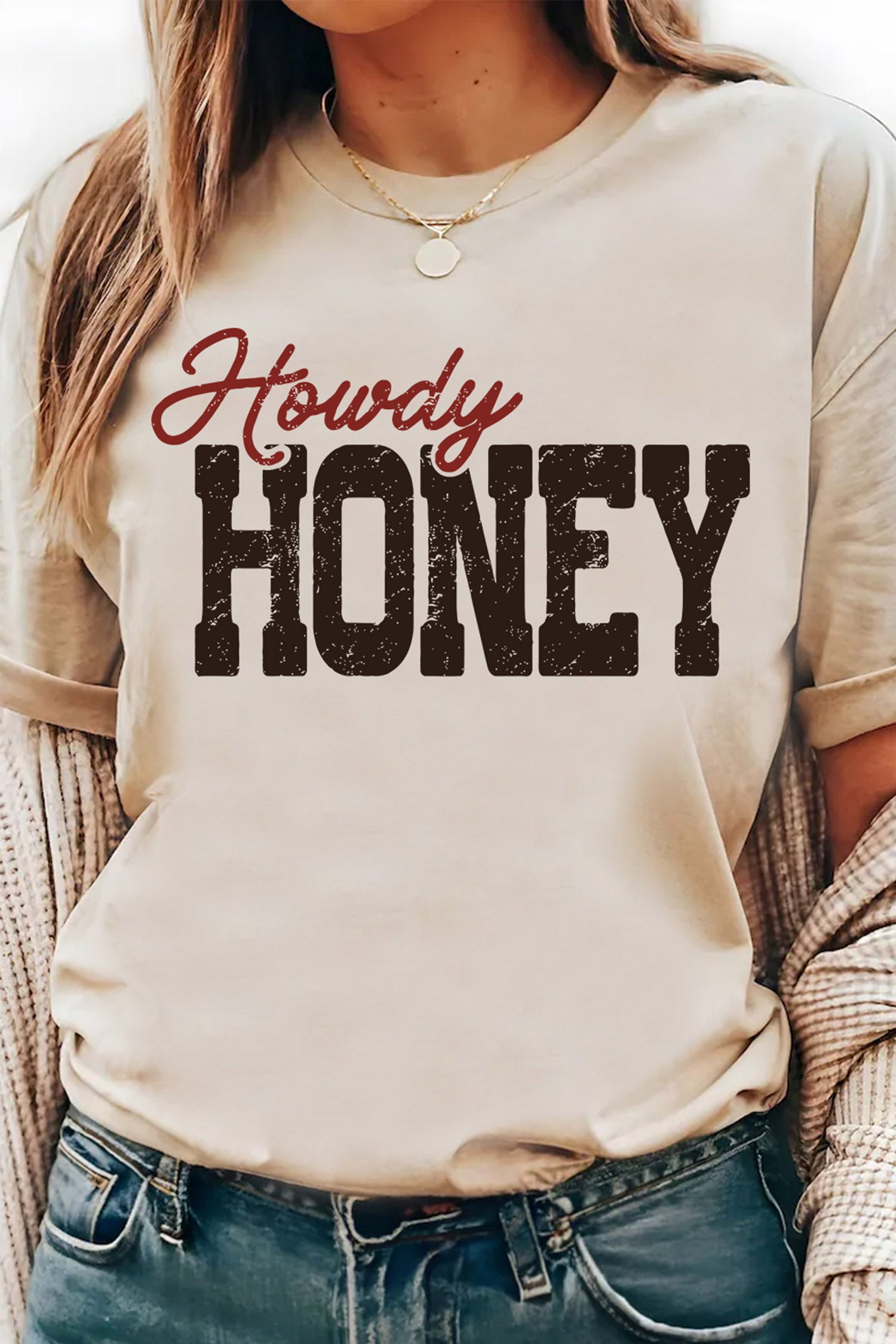 Khaki Howdy HONEY Western Print Letter Casual Graphic T-Shirt