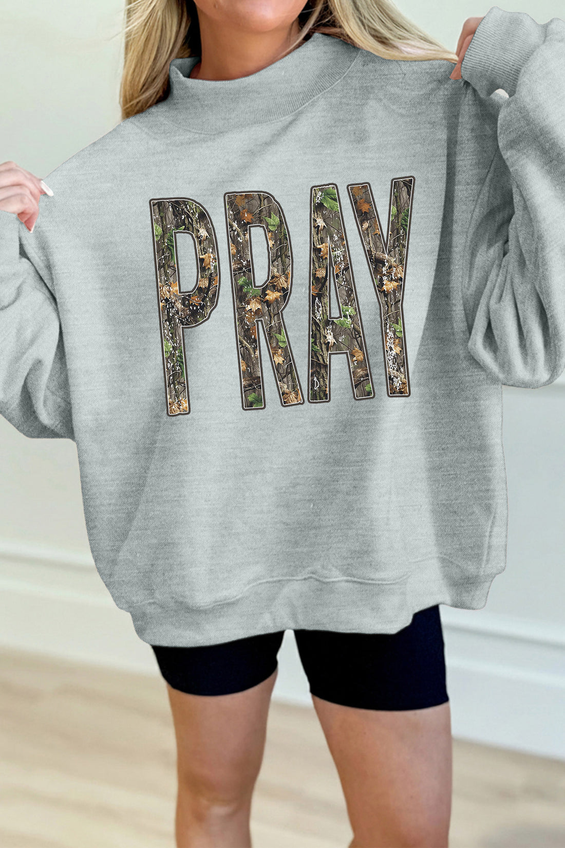 Gray Camouflage Letter Print Mock Neck Baggy Pullover Sweatshirt