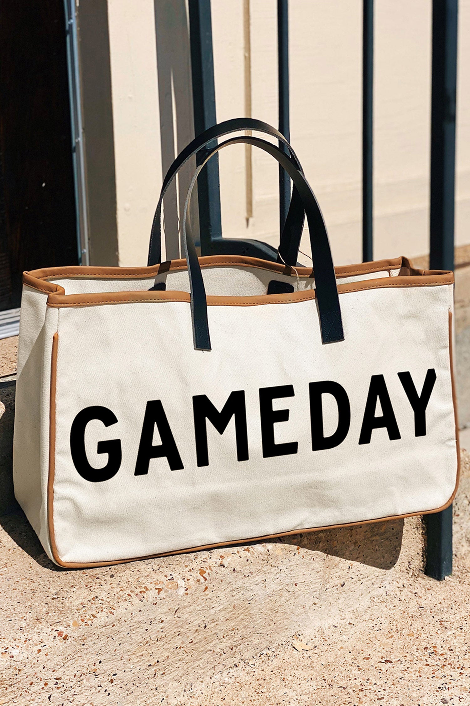 Beige Contrast Handle Leather Trim Canvas GAMEDAY Tote Bag