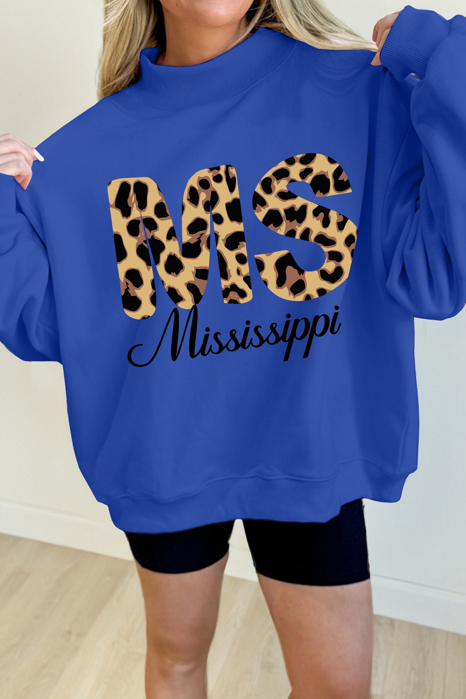 Dark Blue Leopard MS Mississippi Mock Neck Pullover Sweatshirt