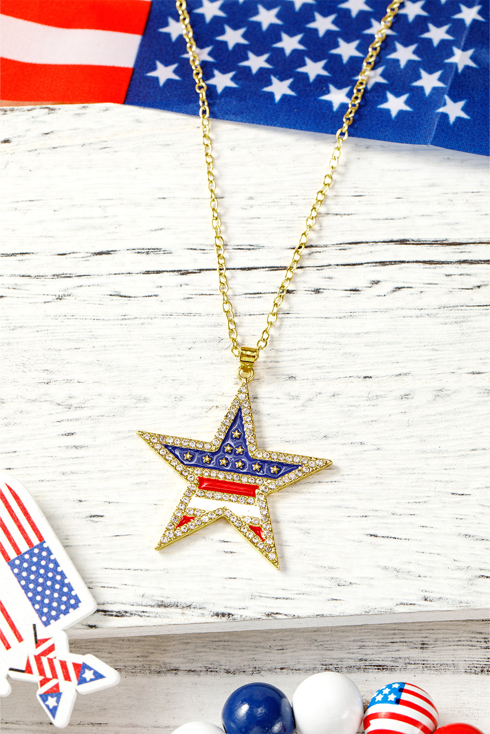 Gold Rhinestone American Flag Star Necklace