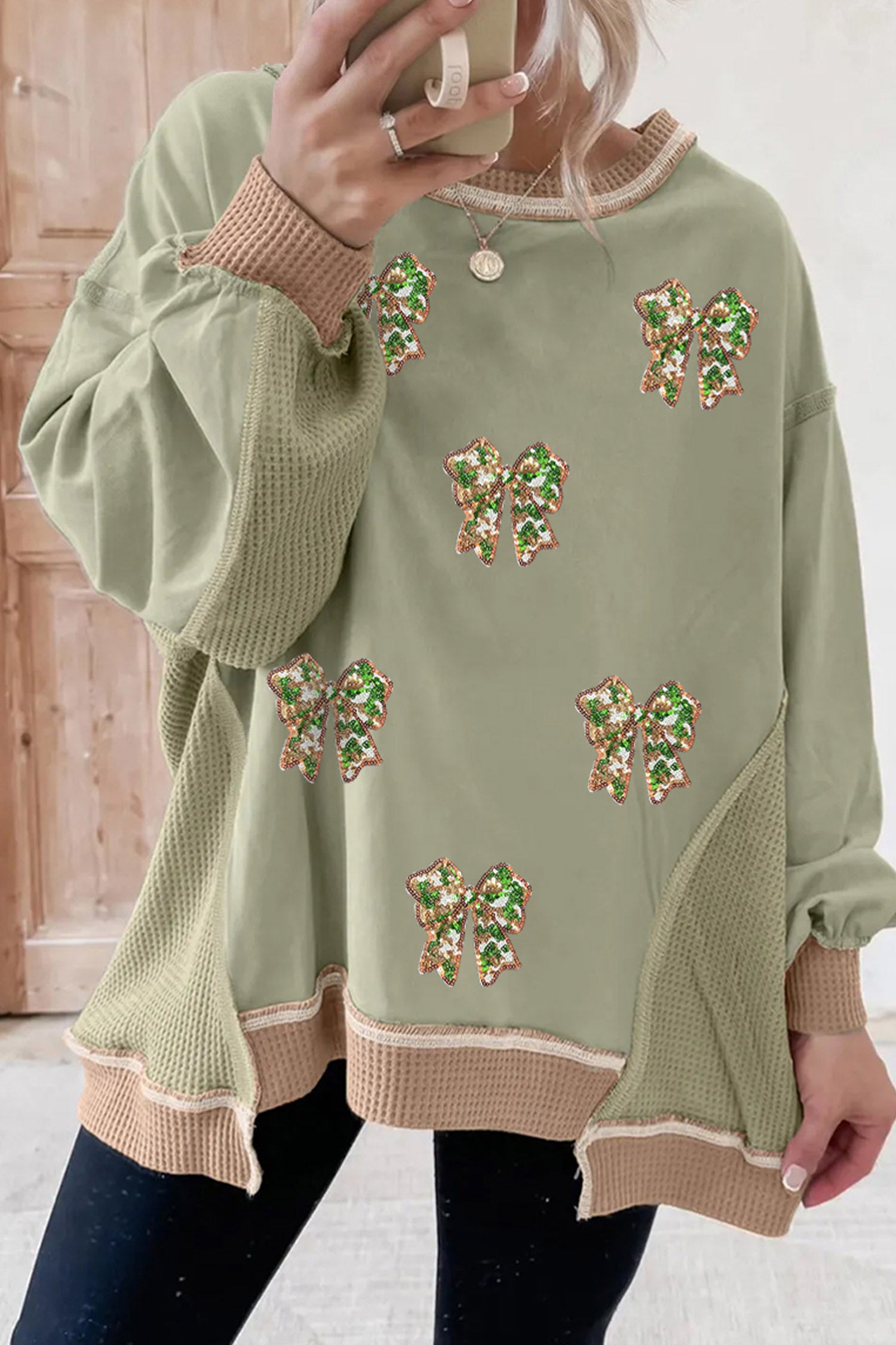 Smoke Green Sequin Bow Patchwork Waffle Colorblock Loose Sweatshirt