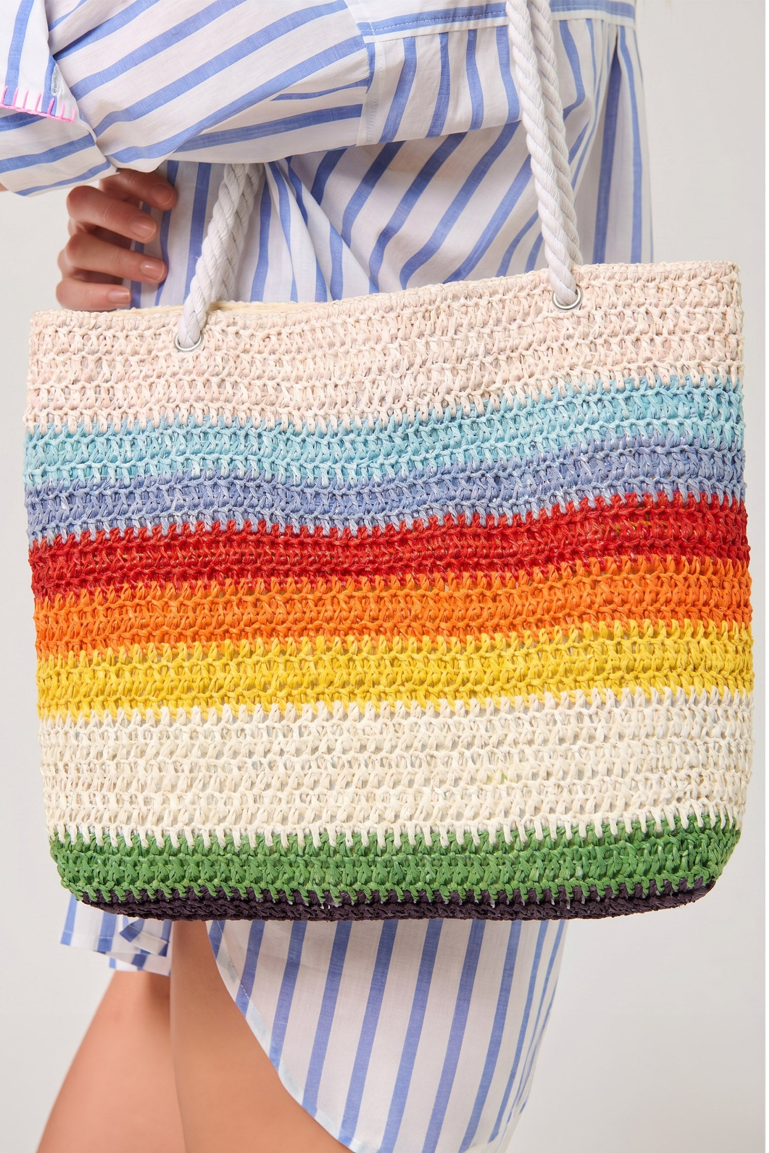 White Rainbow Straw Woven Boho Beach Tote Bag