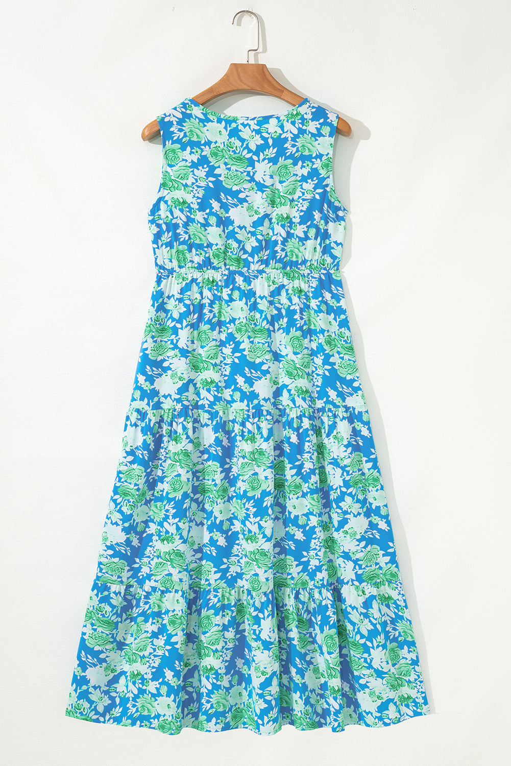 Sky Blue Floral Print Trimmed V Neck Tie Waist Sleeveless Holiday Long Dress