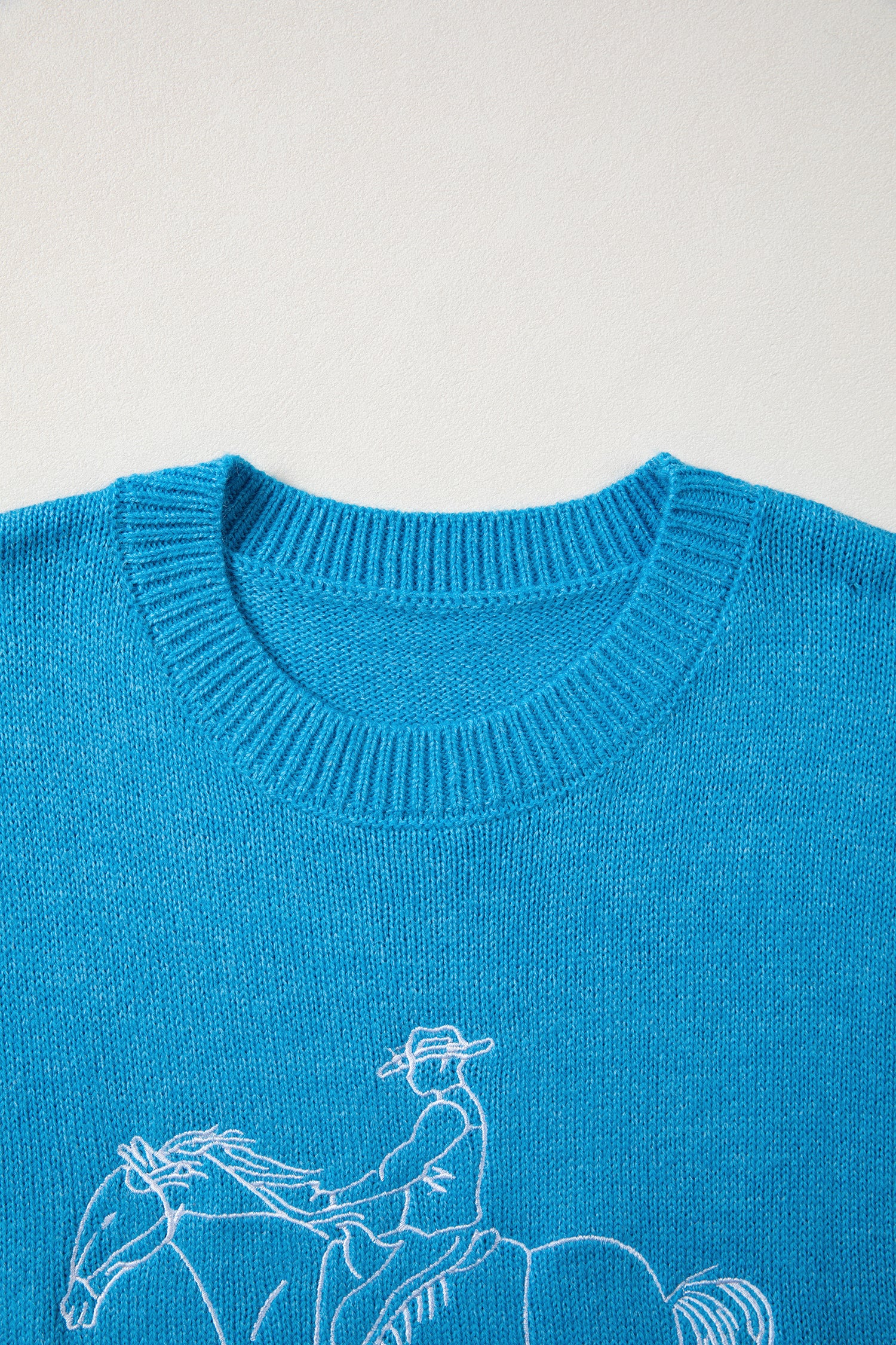 Sky Blue Western Embroidery Drop Shoulder Pullover Sweater